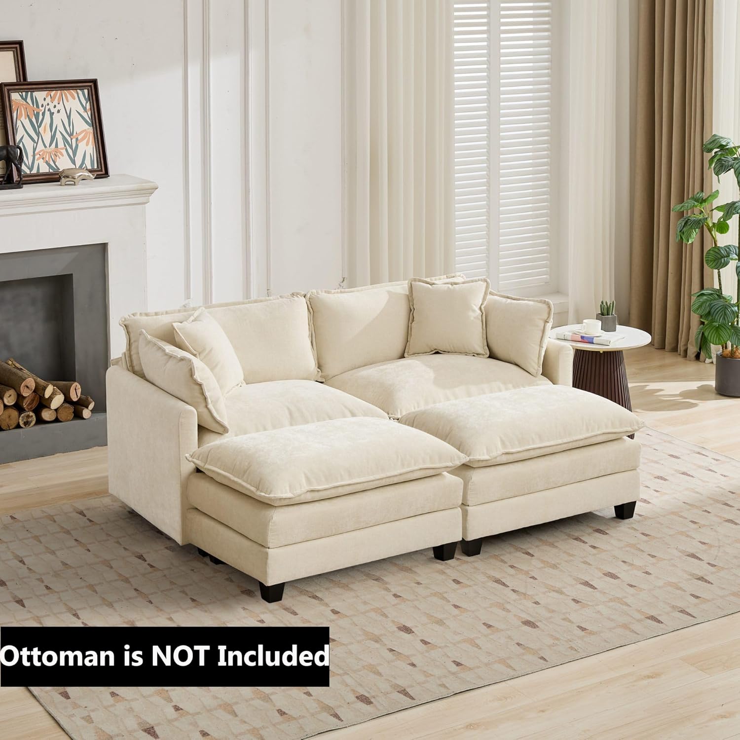 JULYFOX 25 in Deep Seat Loveseat Sofa, 78 inch Wide Mid Century Modern 2 Seat Chenille Fabric Tufted Loveseat Couch Sofa with 4 Toss Pillow for Living Room (Beige, Loveseat) | Deep Seat