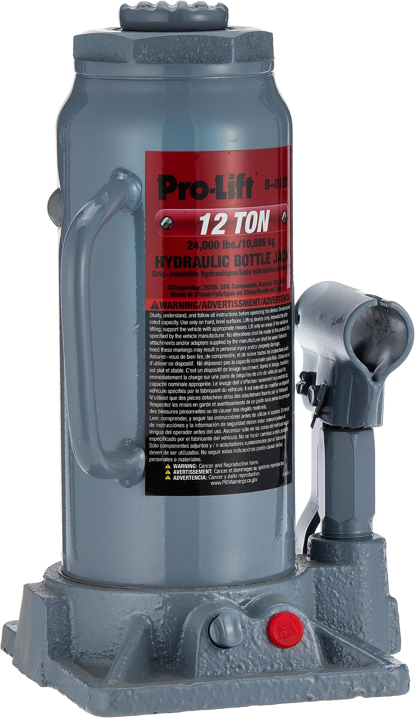 B-012D Grey Hydraulic Bottle Jack - 12 Ton Capacity