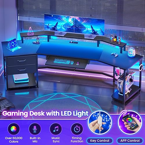 Miniatura 8 de Itaar Escritorio para juegos de 79 pulgadas con 2 cajones de tela, escritorio largo para computadora con regleta de enchufes y luces LED,