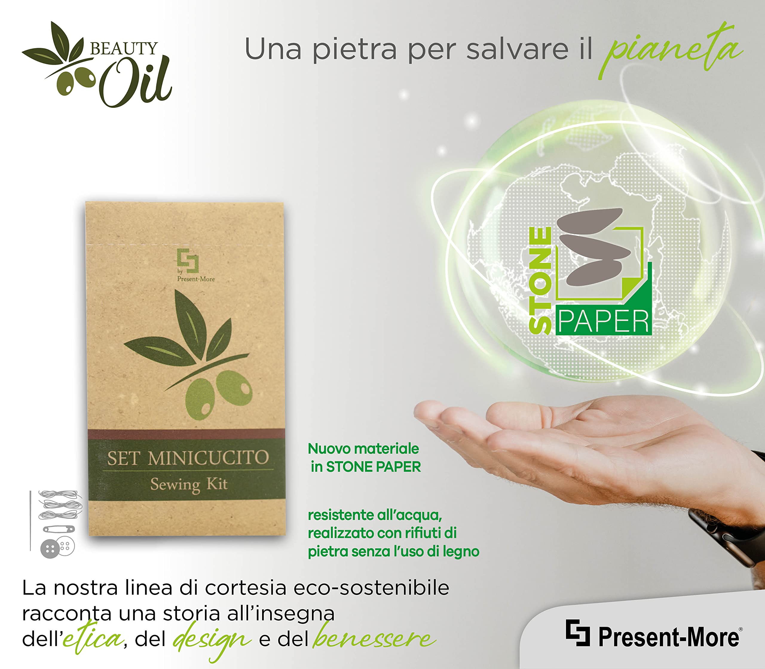 Kit Cucito 50 Pezzi Linea Beauty Oil - Ago Fili Bottoni Spilla da Balia - Packaging Ecologico Stone Paper