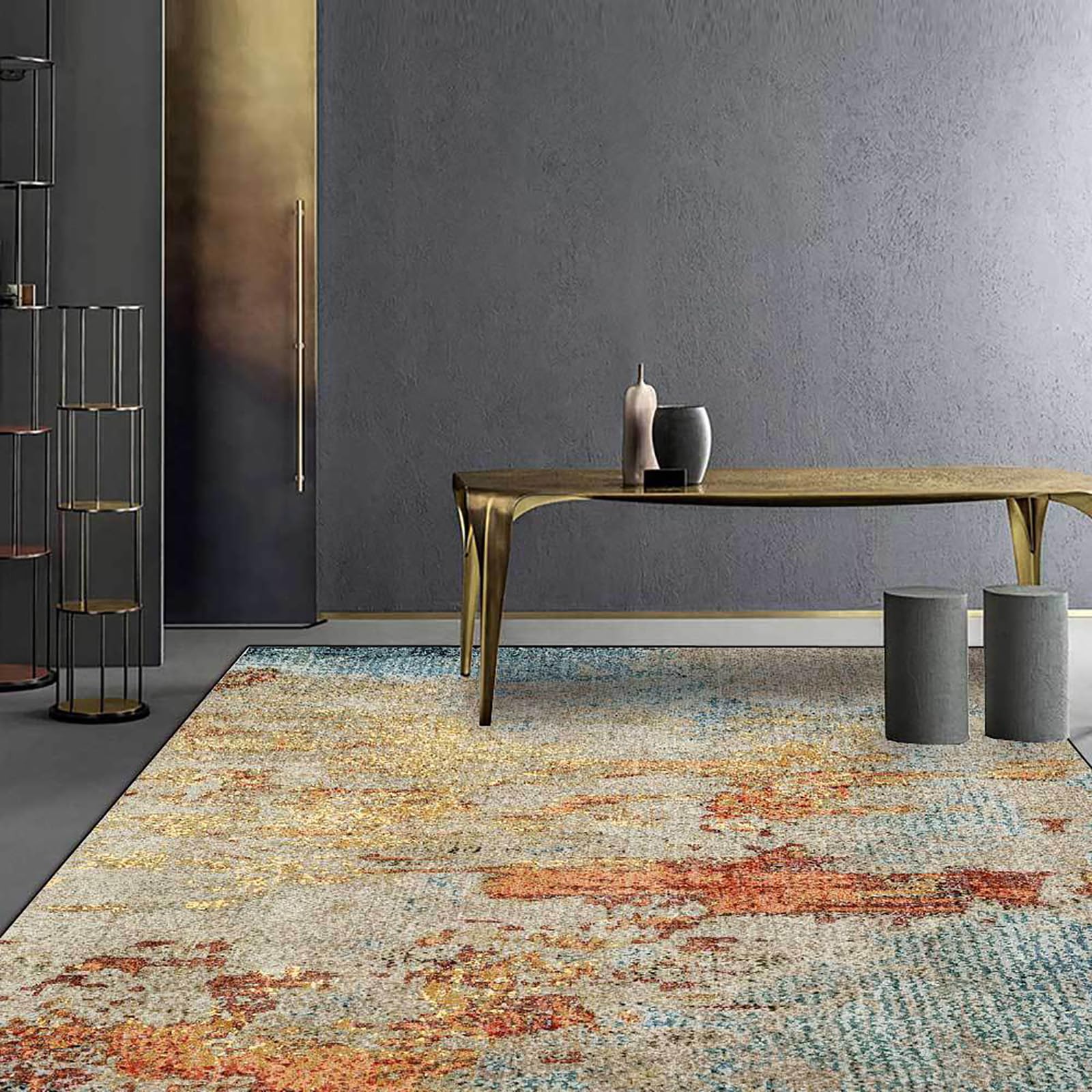 Tapis salon motifs abstraits orange jaune bleu tapis déco moderne 150x180