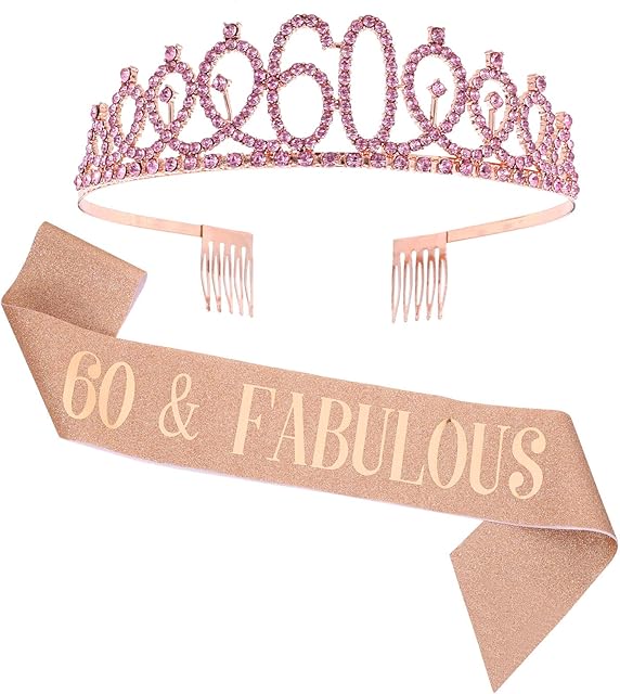 SUSSURRO "60 and Fabulous Sash and Rhinestone Tiara Set,60th Birthday Gifts Birthday Sash for Women Birthday Party Supplies(Rose Gold)