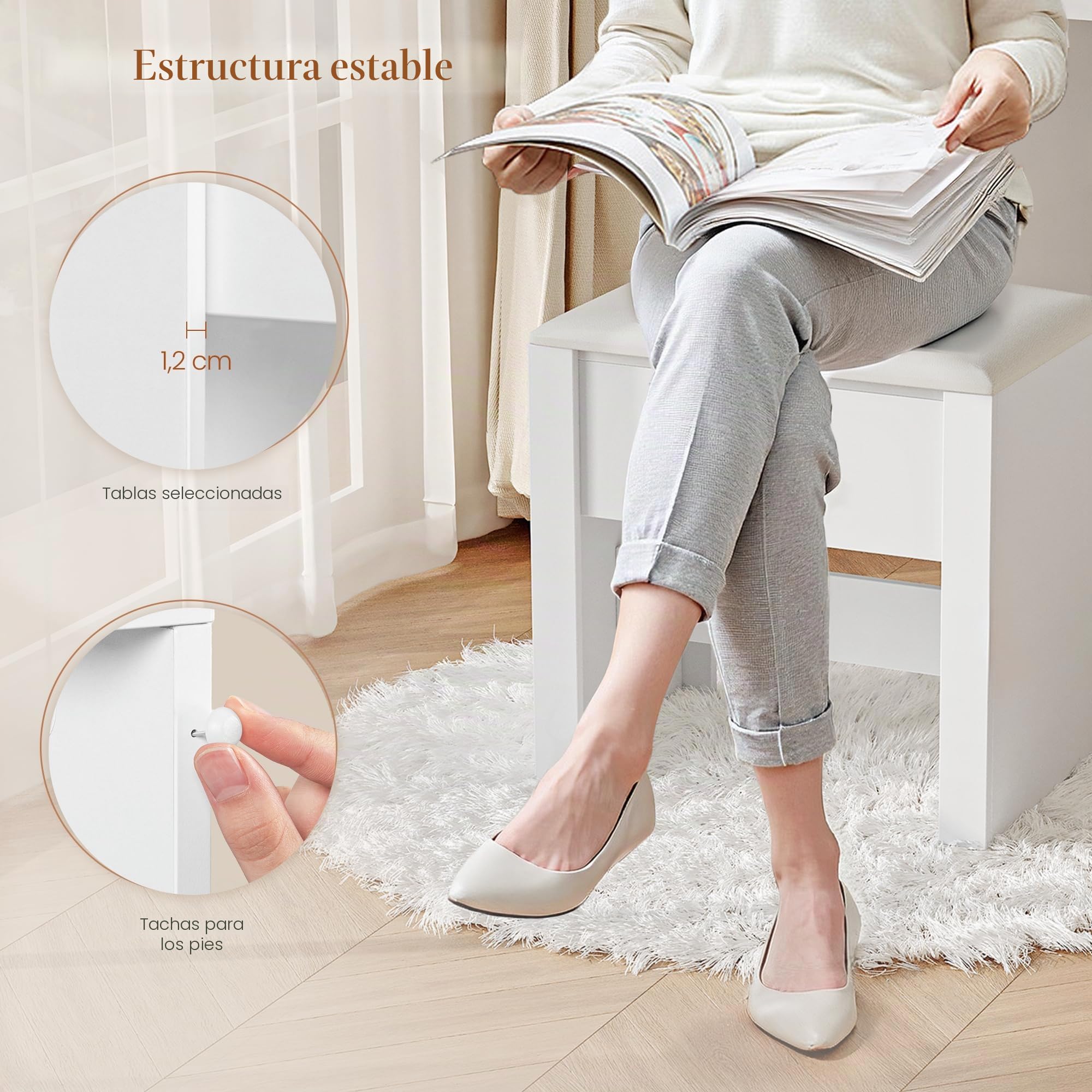 HEXCELEN Taburete de Tocador Tapizado con Almohadilla Antideslizante Blanco 30 x 40 x 44 cm