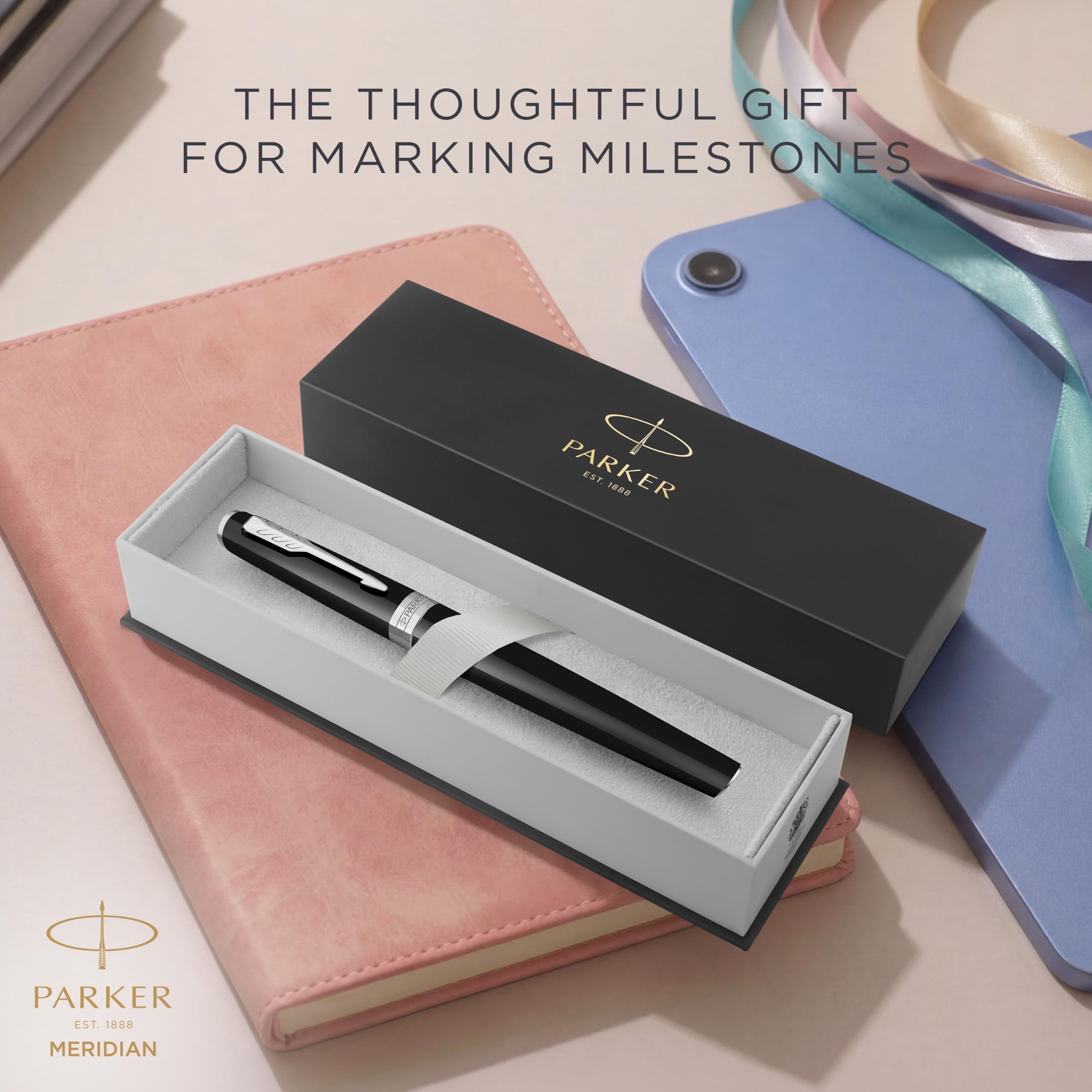 PARKER Meridian Tintenroller | Schwarzer Lack mit Chromverzierungen | Feine Spitze | Schönschreibfüller & Journaling Zubehör | Schwarze Tinte | Luxus-Geschenkbox