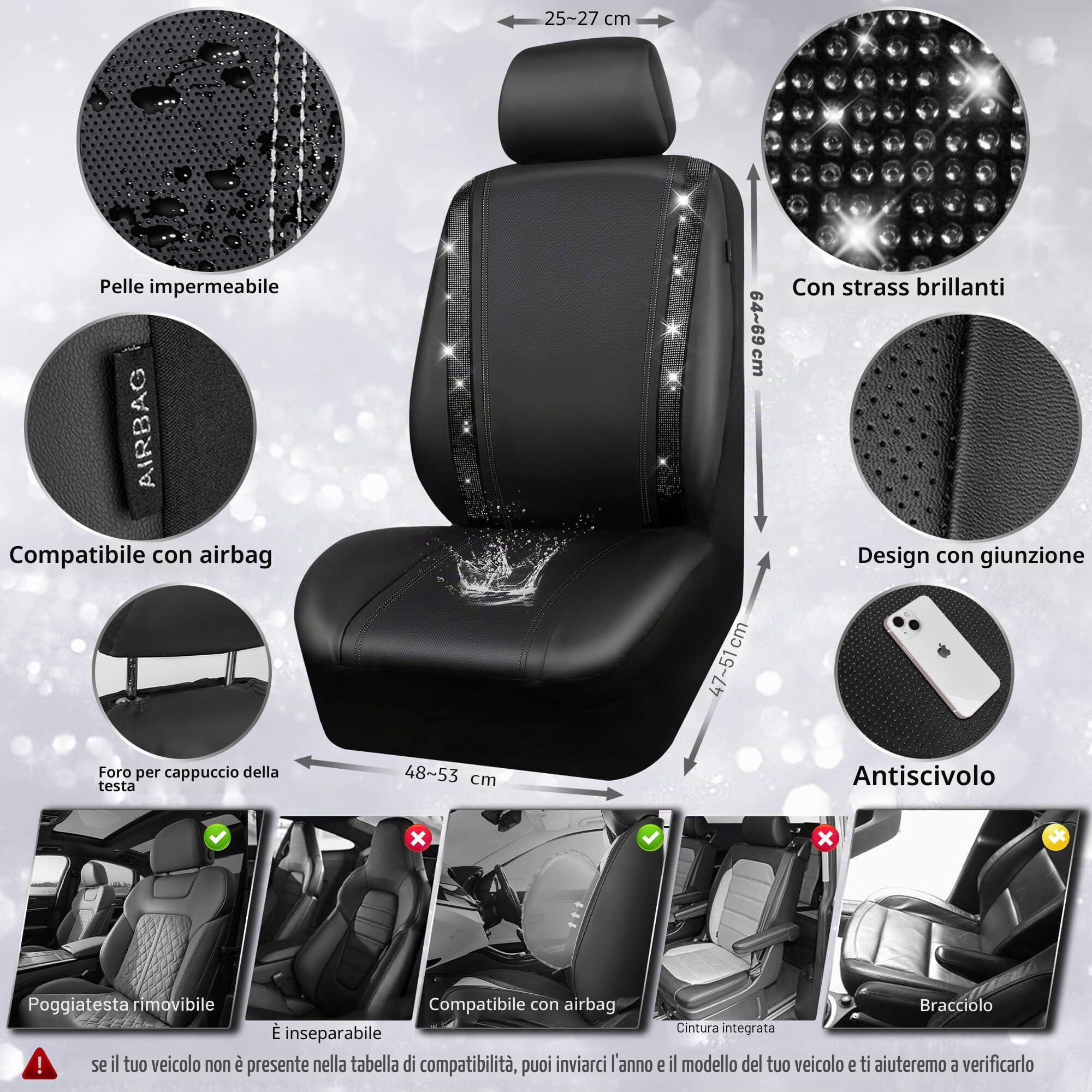CAR PASS Coprisedili Auto in Pelle Impermeabile Bling Diamante Lucido Cristallo Scintillante, Universale per 95% di Tutti Automobili Camion SUV, Donne Uomini(Anteriore, Nero)