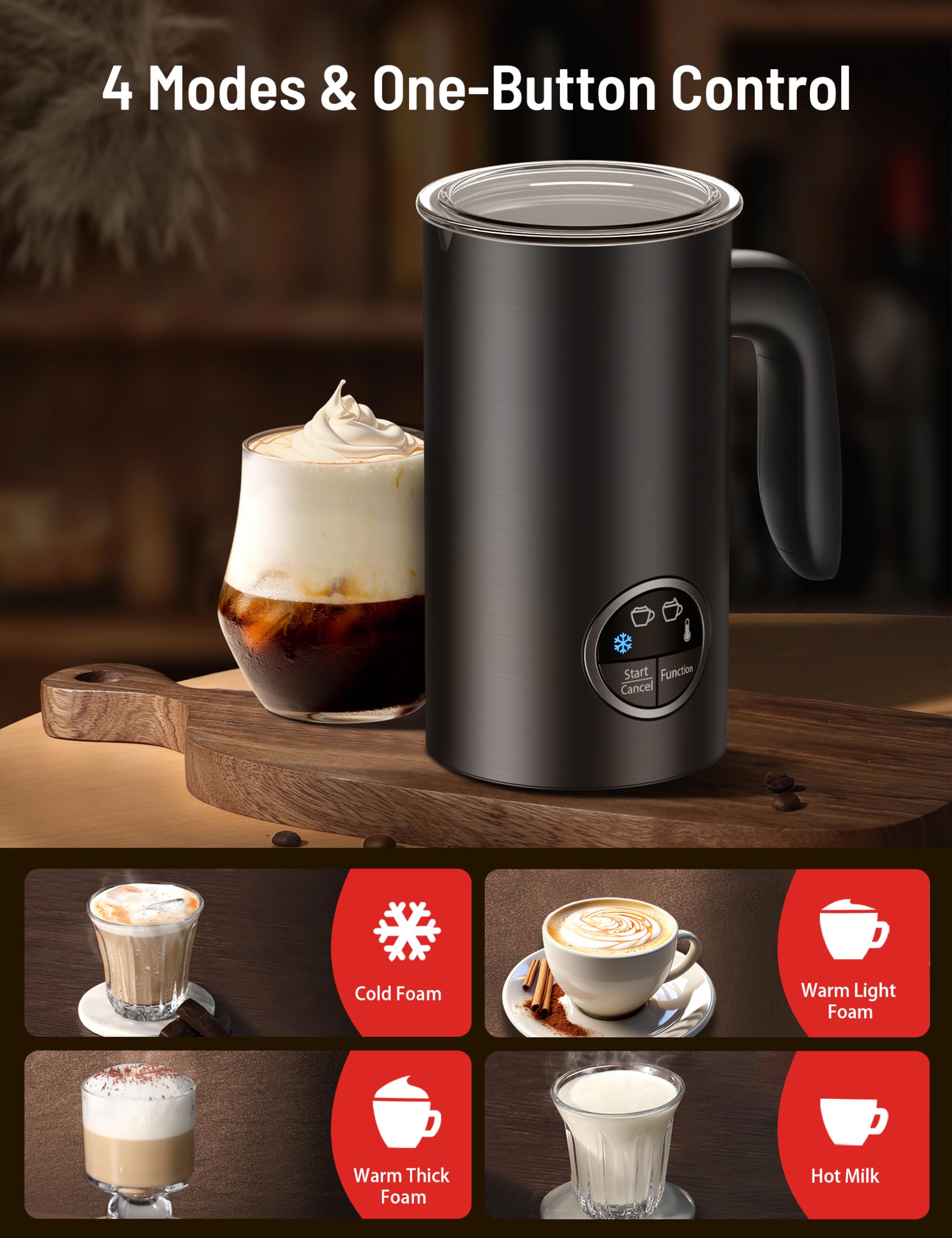 Espumador de leche, espumador de leche 4 en 1 con soporte, espumador de leche eléctrico y vaporizador de espuma caliente y fría, espumador de apagado automático para café con leche 2
