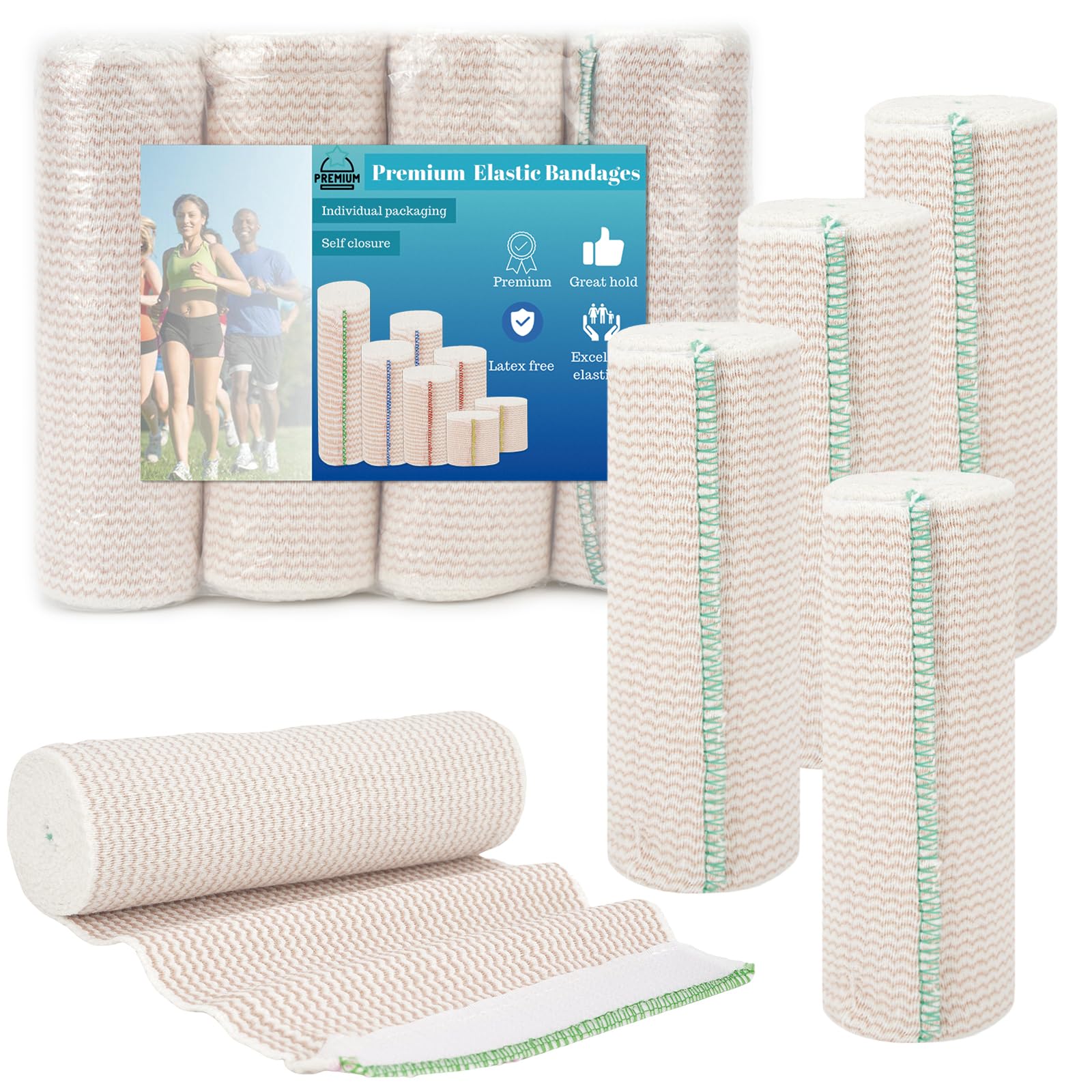 Premium Elastic Bandage Wrap 6 inch 4 Pack Reusable Versatile Self-Closing Compression Bandage Wraps for Ankles, Wrists Knee, Tummy and Body Cotton