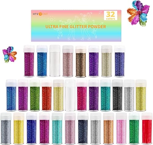 HTVRONT Purpurina fina para resina, 32 frascos de purpurina extrafina para manualidades, tarro agitador para artes y manualidades para uñas,