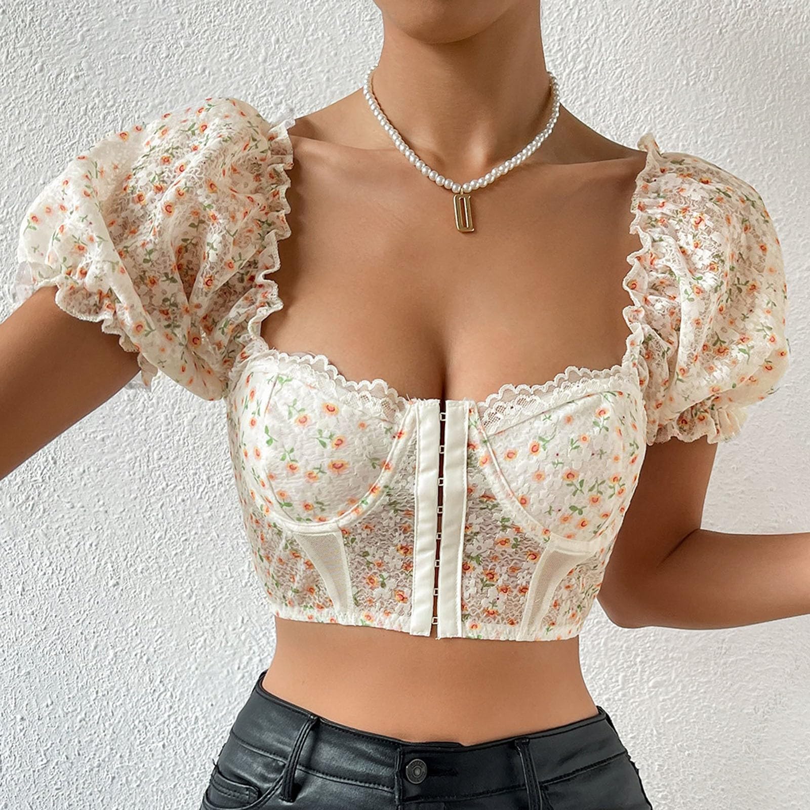 Camicetta Dirndl da donna, trasparente, bianca, elegante, con inserto in pizzo, corsetto elegante, maniche svasate, top corto avvolgente con camicetta in pizzo per lingerie