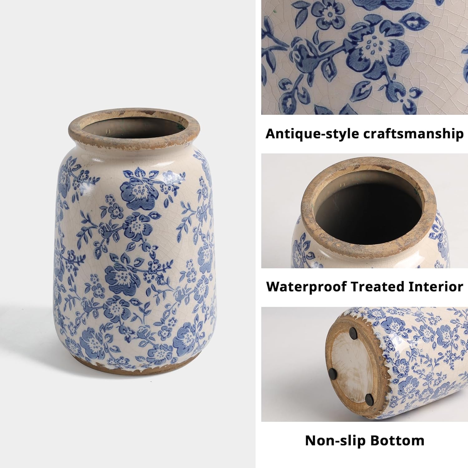 Vintage Blue and White Chinoiserie Ceramic Vase, 6.9” Hand-Painted Peony Floral Design, Antique Style Vases for Home Decor, Centerpieces, Living Room, Balcony (Blue and White) - Image 6