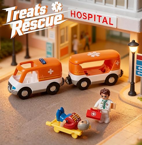 Miniatura 3 de Giant bean Juego de 6 coches magnéticos de tren de rescate con sonido y luz - Vehículos de emergencia 3 en 1 para policía, bomberos y ambulancias,