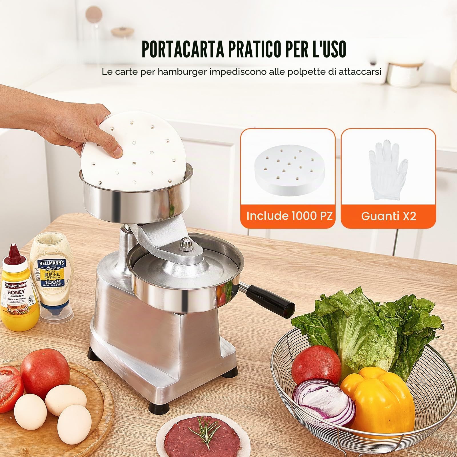 VEVOR Macchina per Hamburger Commerciale, Macchina per Hamburger Pressa Dimensioni 150mm, Pressa per Hamburger in Acciaio Inox per Formatura Carne 1000 Pezzi Carta per Hamburger, Pressa per Hamburger