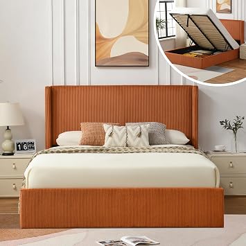 VELOCAVA Full Size Lift-Up Storage Bed, Modern Upholstered Corduroy Orange Bed with Wingback Headboard, Hydraulic Lift Platform, Sturdy Wooden Slat Support, No Box Spring Needed, Easy Assembly