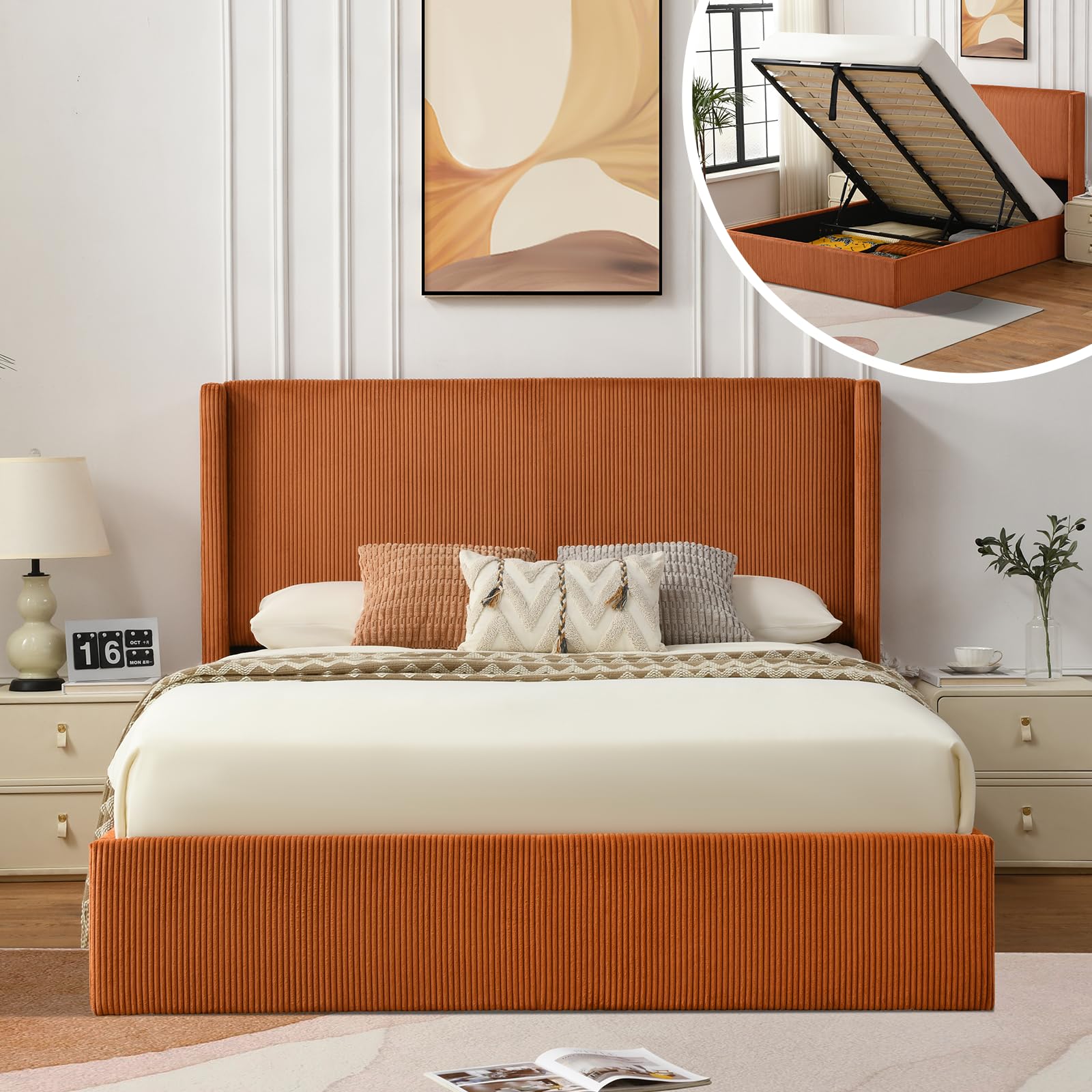 VELOCAVA Queen Size Lift-Up Storage Bed, Modern Upholstered Corduroy Orange Bed with Wingback Headboard, Gas Lift Platform, Sturdy Wooden Slat Support