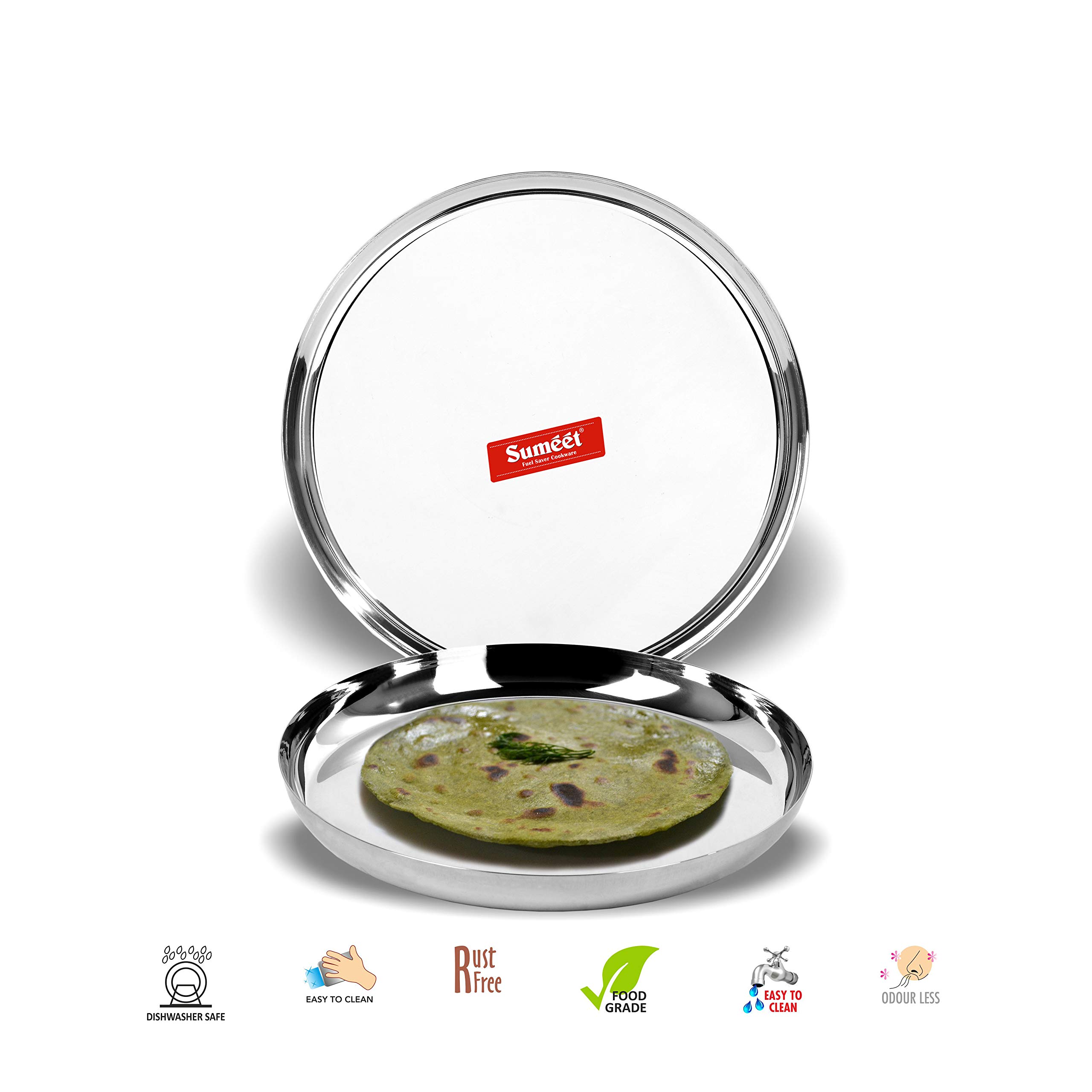 Sumeet Stainless Steel Apple Shape Heavy Gauge Dinner Plates with Mirror Finish 27cm Dia - Set of 2pc