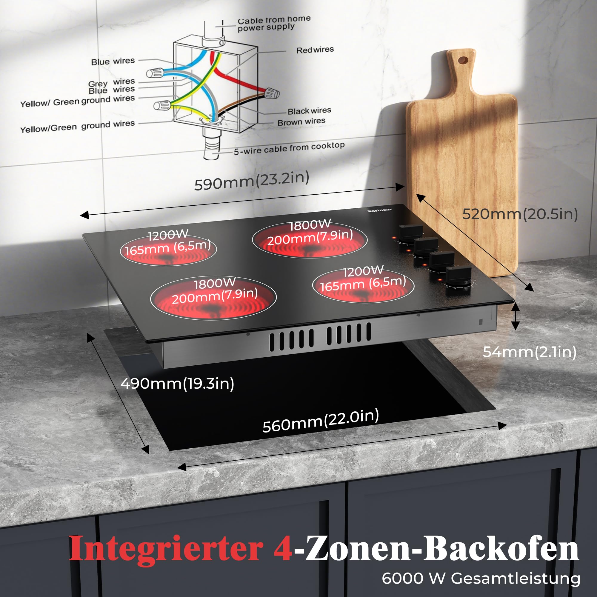 Herdplatte 4 Kochfelder 6000W 60 cm mit Drehknopfsteuerung | Einbau Kochfeld mit 9-Stufen, 4 platten mit Leistungsstufen, universelle Topfkompatibilität, Kein Stecker, 240V