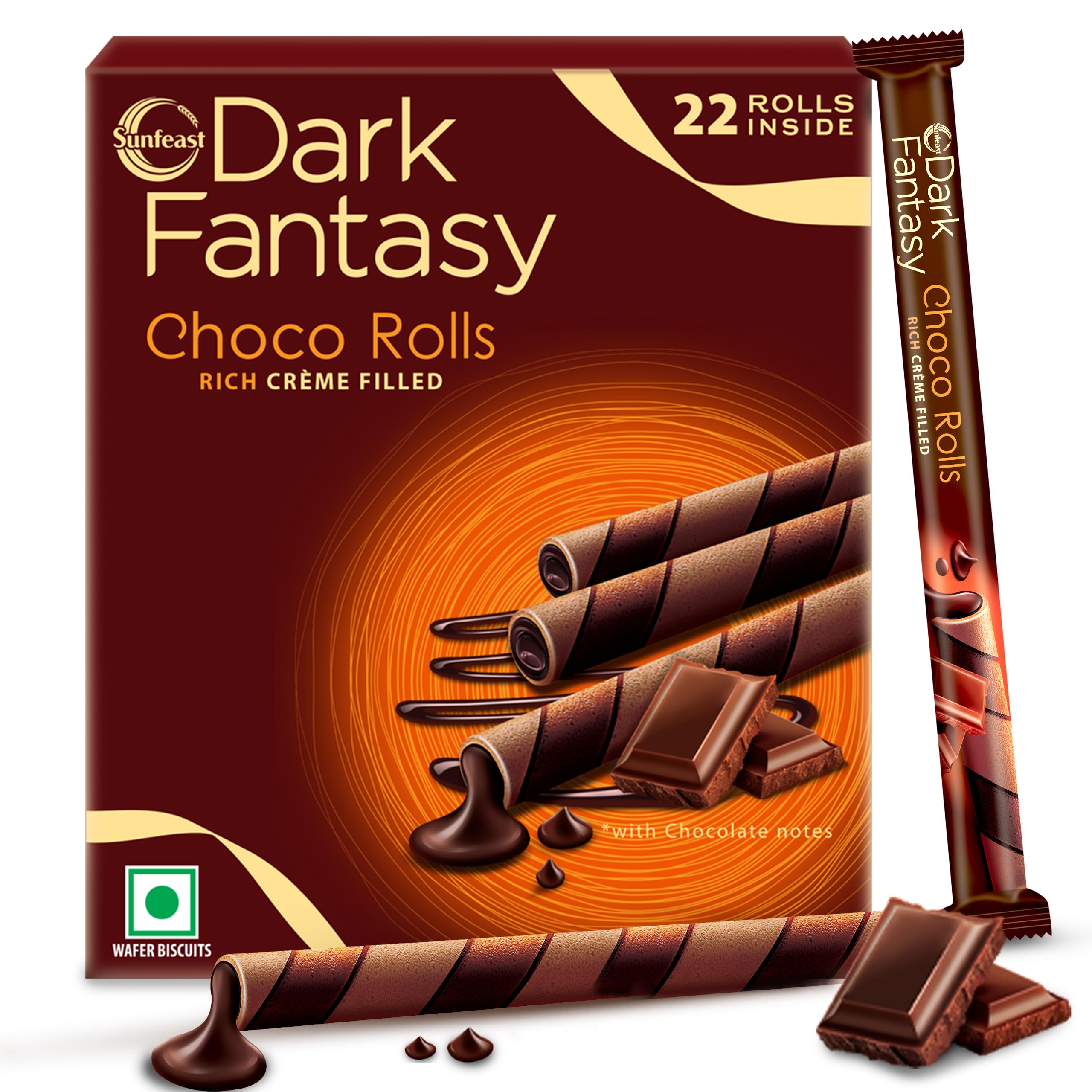 Sunfeast Dark Fantasy Choco Rolls, Crunchy Choco Wafer Rolls with Rich Molten Filling, Perfect Snacking Delight, 180g