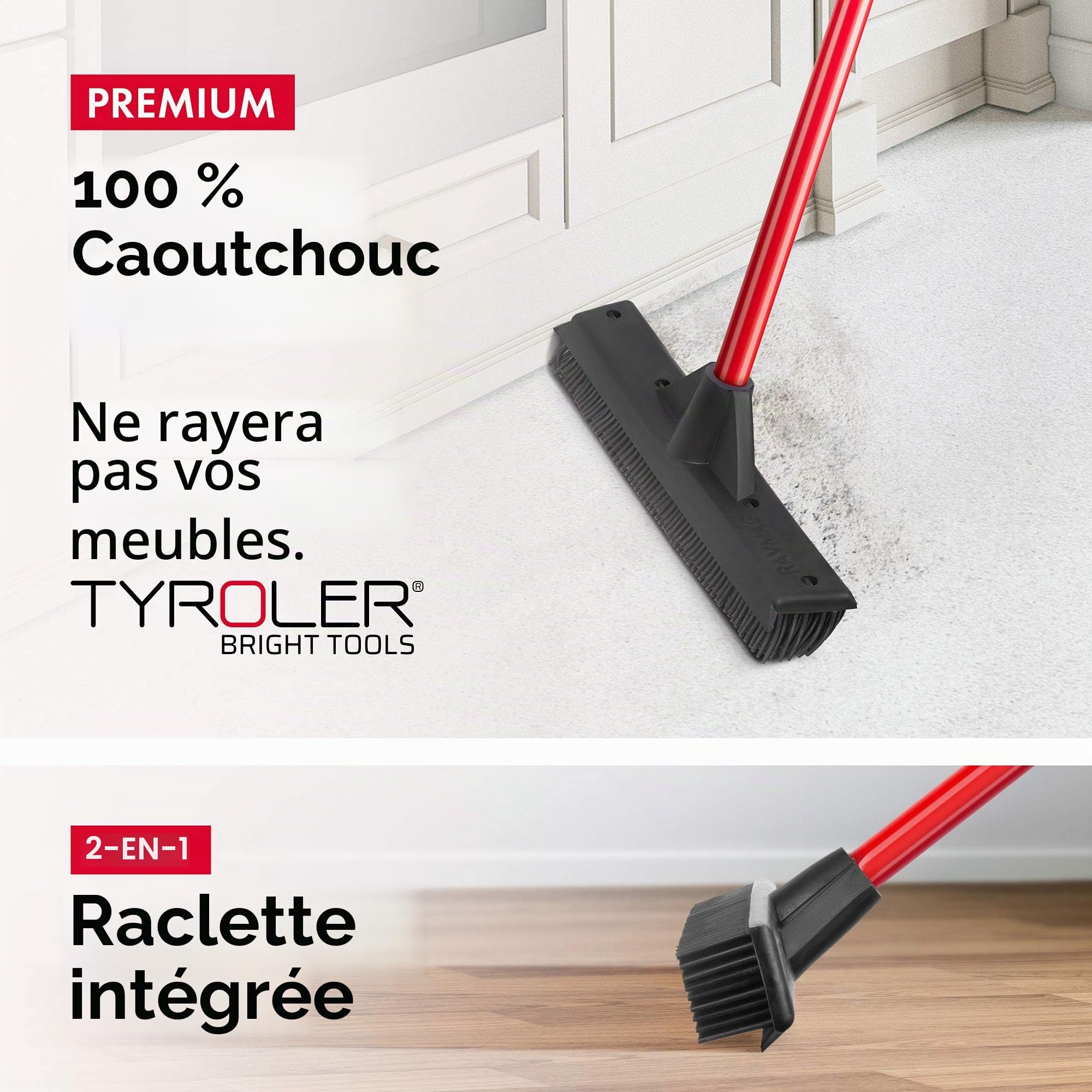 Tyroler Balai Caoutchouc & Raclette Sol | Tête De 33 cm Balai Bross Poils Animaux | Manche Anti-Rouille en 4 Parties de 140 cm pour Balais Coiffeur Caoutchouc Professionnel | Balais Nettoyer Sol