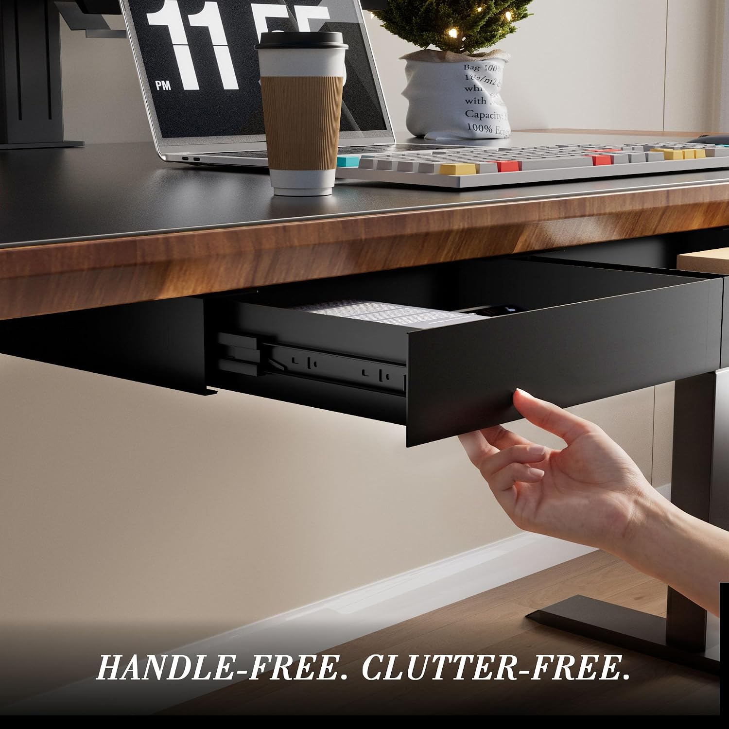 Under Desk Drawer with Gap-Free Side-by-Side Design, Hidden Handle Pull-Out Organizer for Office Desk (Black, Steel, 1-Pack)