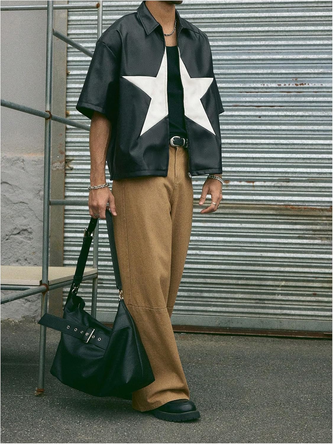 Men's Star Graphic PU Leather Outerwear Zip Up Half Sleeve Collared Motorcycle Jacket Streetwear - Image 3