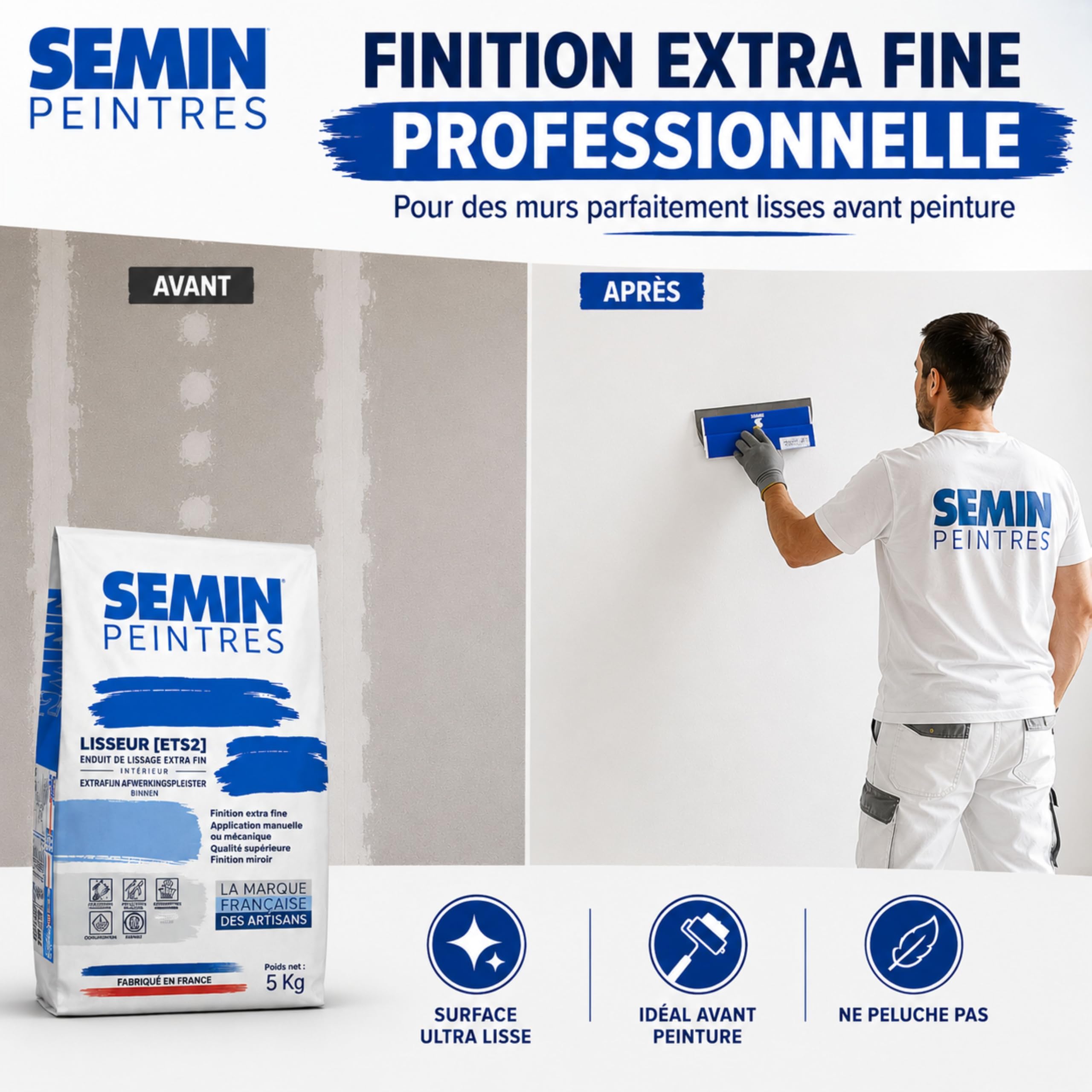 SEMIN LISSEUR Enduit de Lissage Extra Fin en Poudre 5 kg – Finition Murs et Plafonds Intérieur – Avant Peinture et Papier Peint - Fabriqué en France -Lot de 3