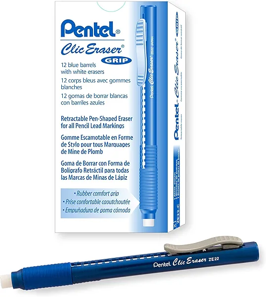 Pentel Clic Eraser Grip, Retractable Eraser, Blue Barrel, Box of 12 (ZE22C)