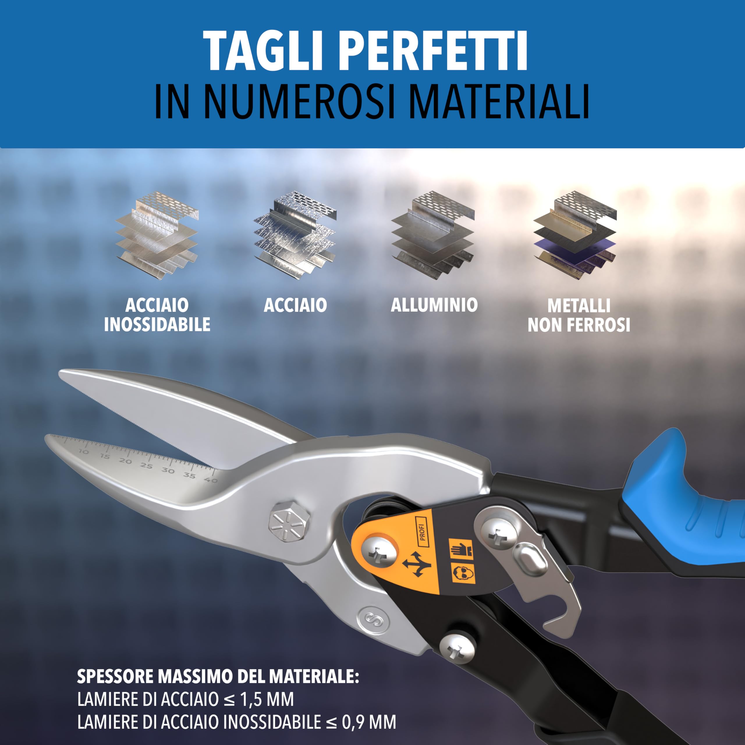 Set di cesoie per lamiera con taglio dritto e destro - [scala interna in millimetri] - Cesoie metalliche per cartongesso, lamiera ondulata, metallo, cesoie per filo per reti metalliche, cesoie per