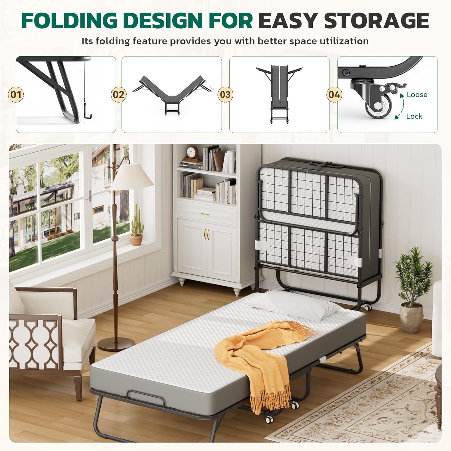 Greenvelly Folding Bed with 5 Inch Mattress, 75” x 38” Portable Rollaway Bed with Memory Mattress and Metal Frame for Adults,Guest, Twin Size,Cot Size