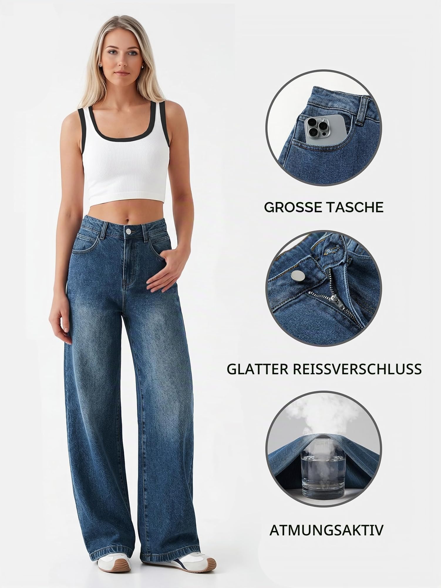 EMMIOL Wide Leg Jeans Damen Baggy Mid High Waist Jeanshose