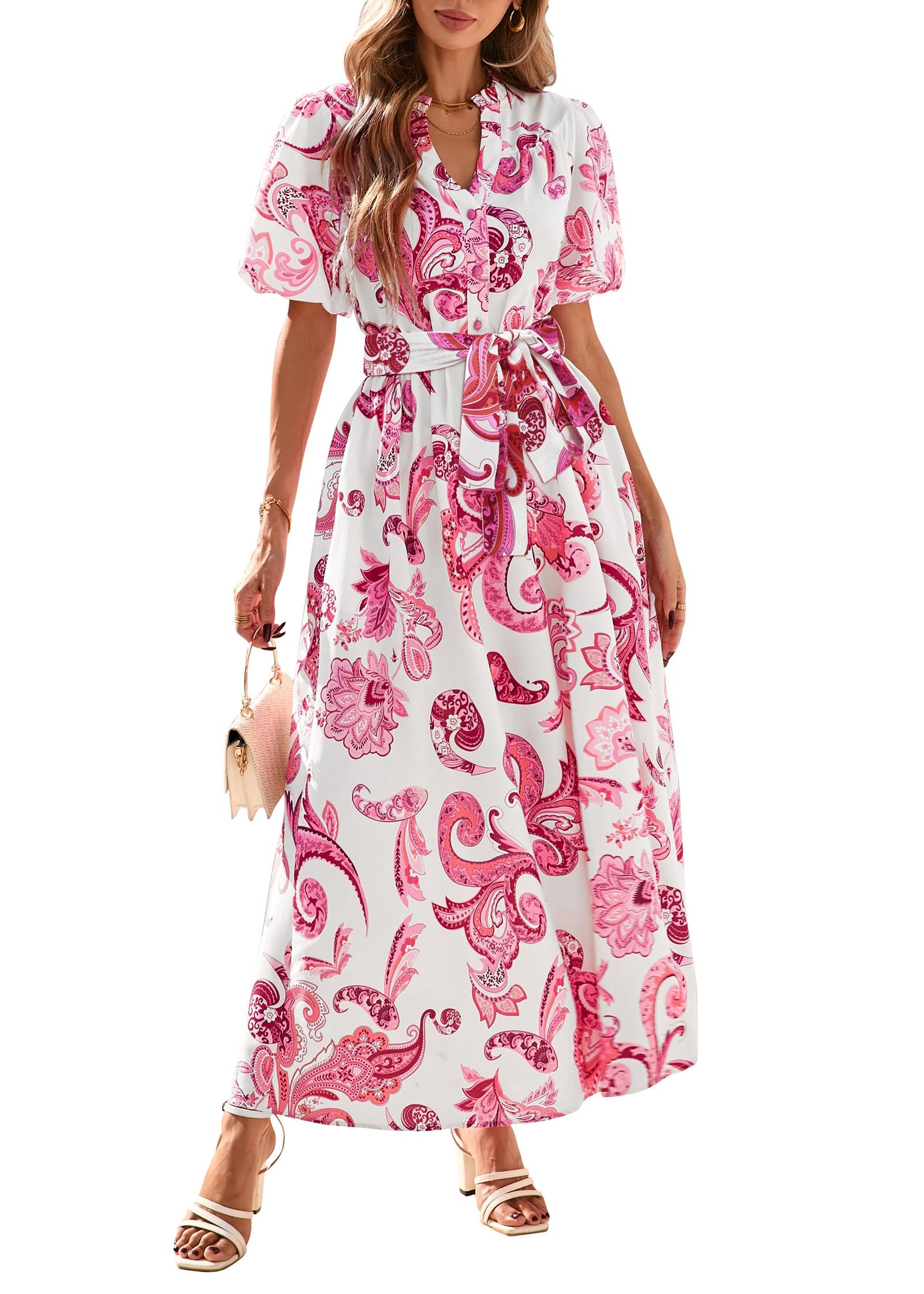 KIRUNDO Women Spring Summer Wedding Guest Boho Floral Maxi Dress Puff Sleeve Button Shirt V Neck Flowy Beach Vacation Dress