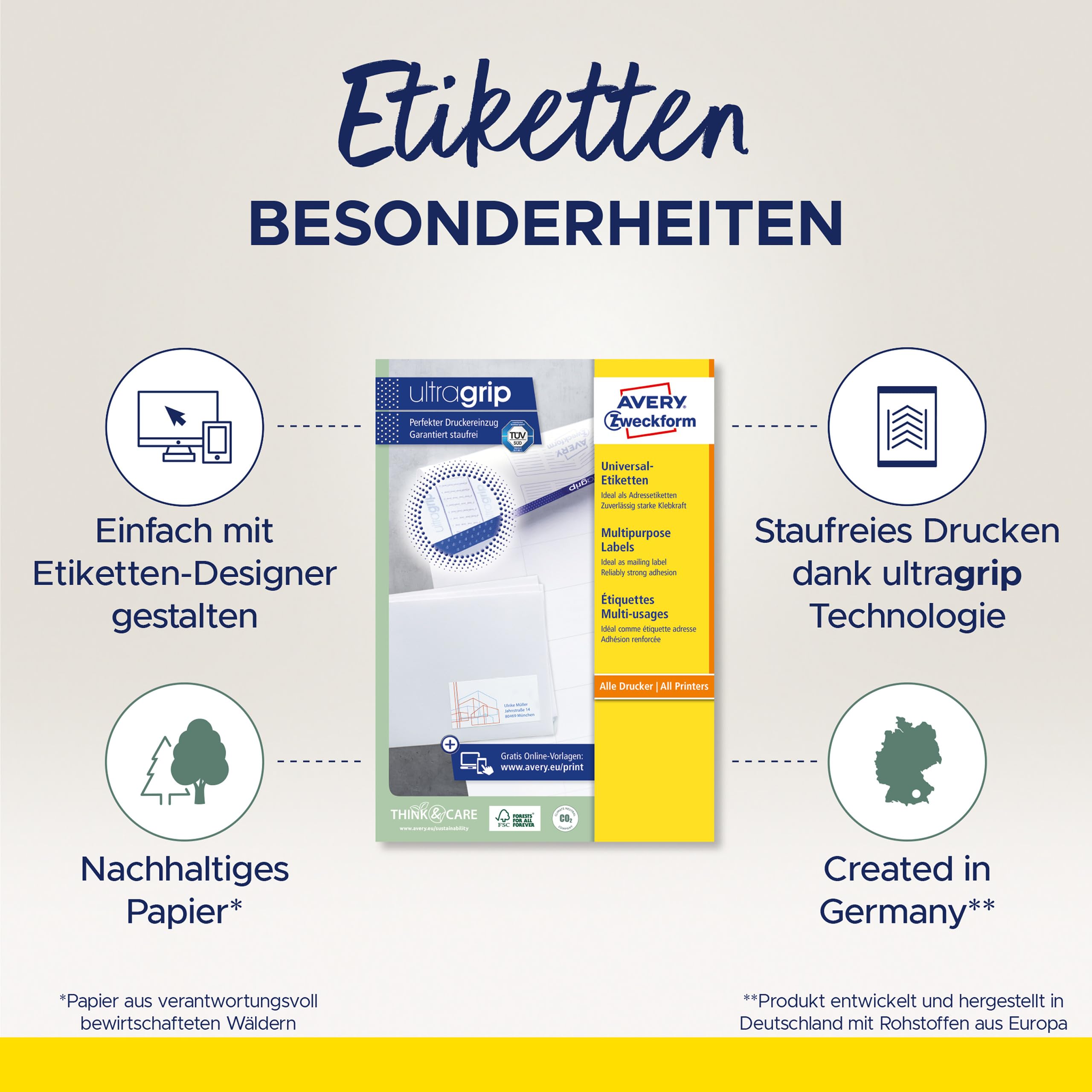 AVERY Zweckform 3669 Adressaufkleber 70x50,8mm A4 Papier matt 1.500 Klebeetiketten 100 Blatt weiß
