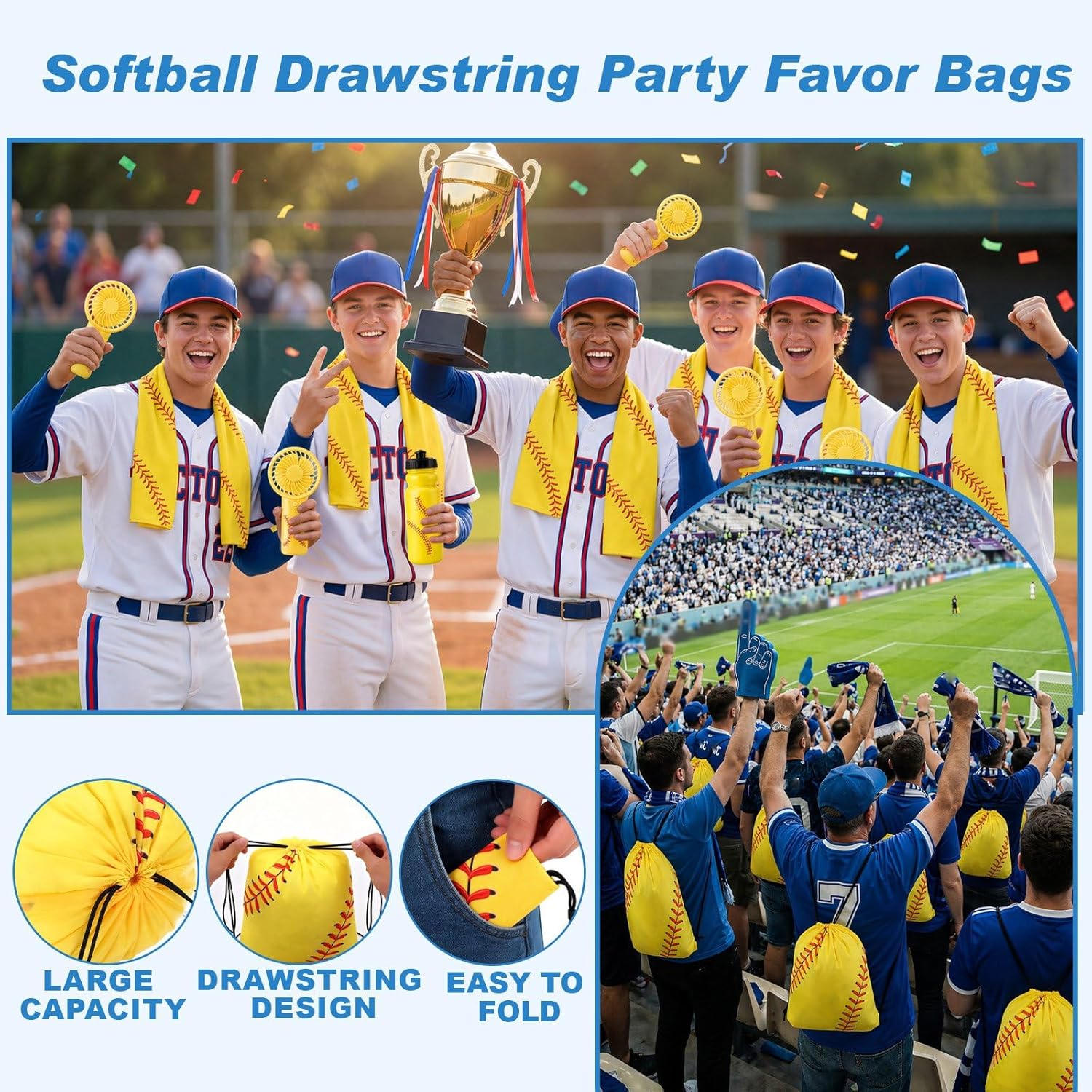 Retisee 40 Pcs Softball Team Gifts Party Favors Bulk with 10 Mini Battery Fans, 10 Cooling Towels, 10 Drawstring Goodie Gift Bags, 10 20oz Sports Water Bottles for Softball Players, Fans, Coaches