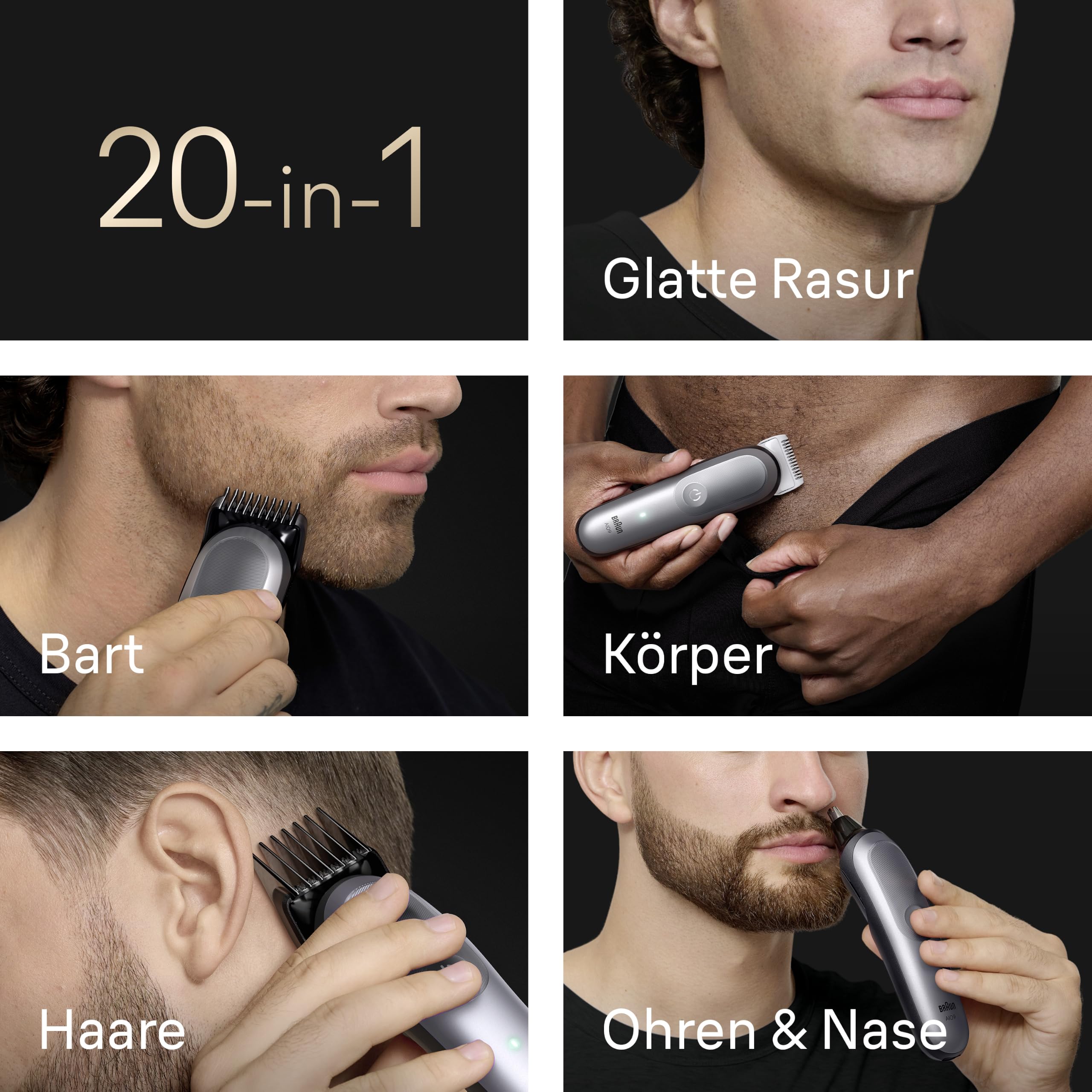Braun Multigroom All-in-One Series 9, 20-in-1 Trimmer, AIO9540, Grau | Barttrimmer, Nasenhaartrimmer, Haarschneidemaschine, 14 Längen, 120 Min. Akku, Wasserdicht, Inkl. Gillette Labs Rasierer