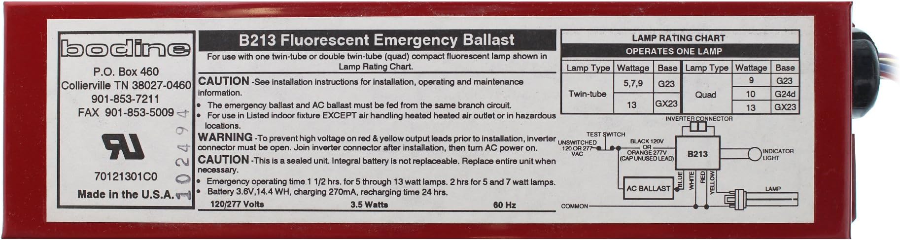 Bodine B213 Fluorescent Emergency Ballast, 1-Lamp, CFL, Compact, 120/277V