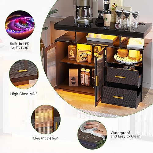 Miniatura 3 de HNEBC Aparador LED moderno de 67 pulgadas con toma de corriente, armario de despensa de cocina con luz sensor y puertos USB, gabinete de buffet con