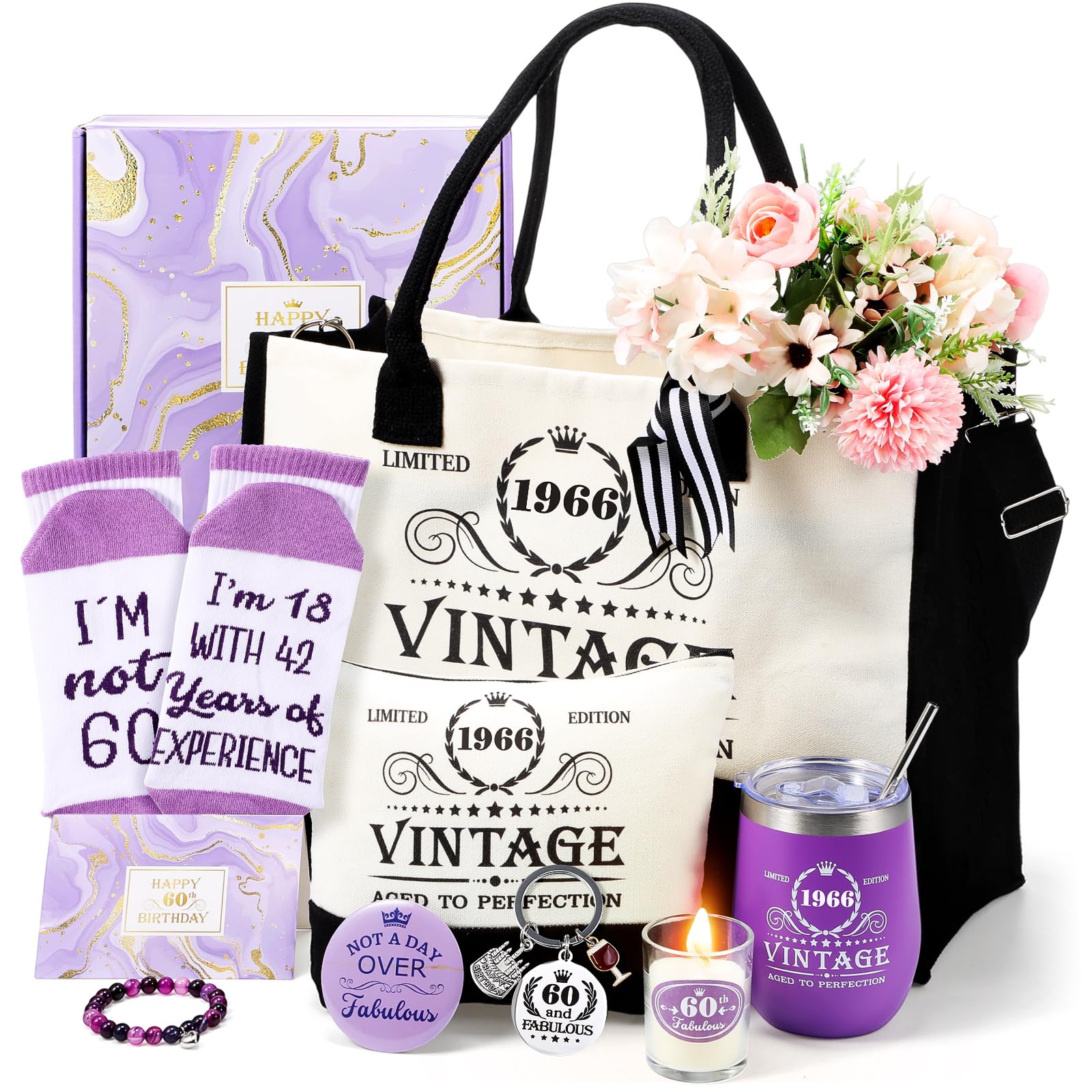 Patelai 60th Birthday Gifts for Women - Vintage 1966 Tumbler Cup Birthday Tote Bag Cosmetic Bag Socks Bracelet Keychain Gifts Box Set for Mom Wife