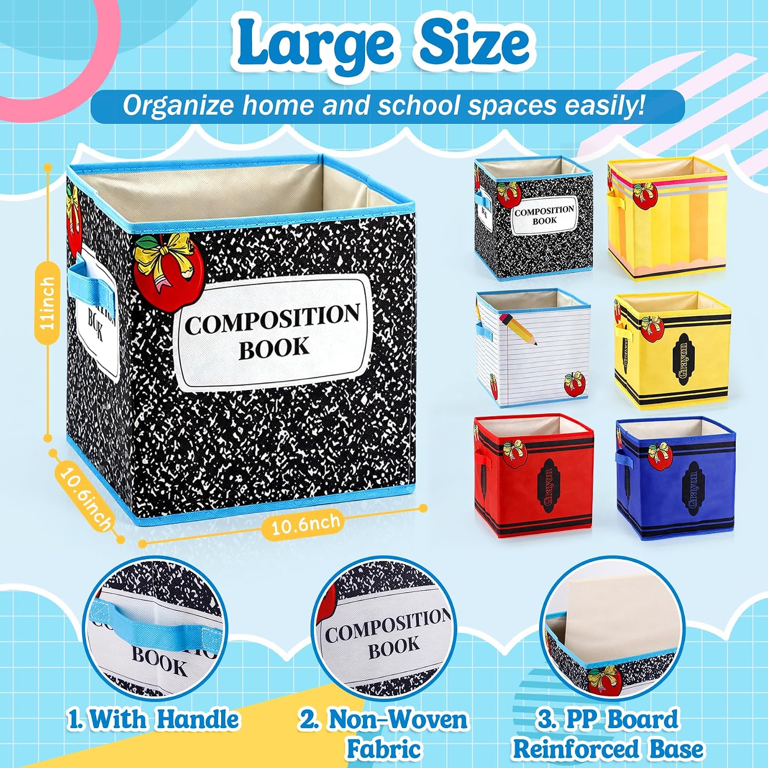 HUISUYTON 6 Pack 11 Inch Back to School Cube Storage Bins, Fabric Cubby Storage Bins for Classroom with Handle, Collapsible Cubby Basket Bins for Organizing Clothes Toys Books