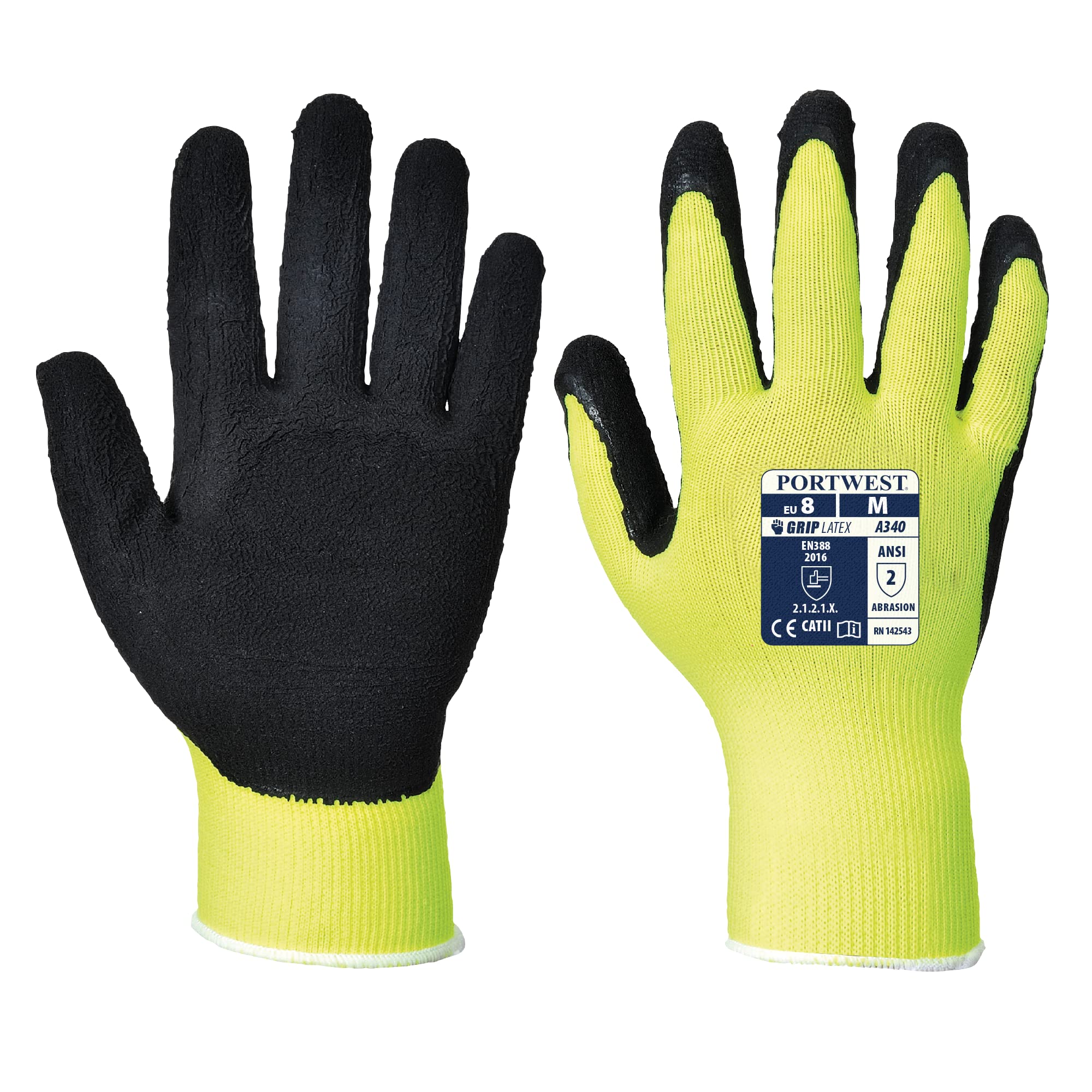 Portwest A340 High Visibility Grip Glove - Latex Foam Yellow, Small