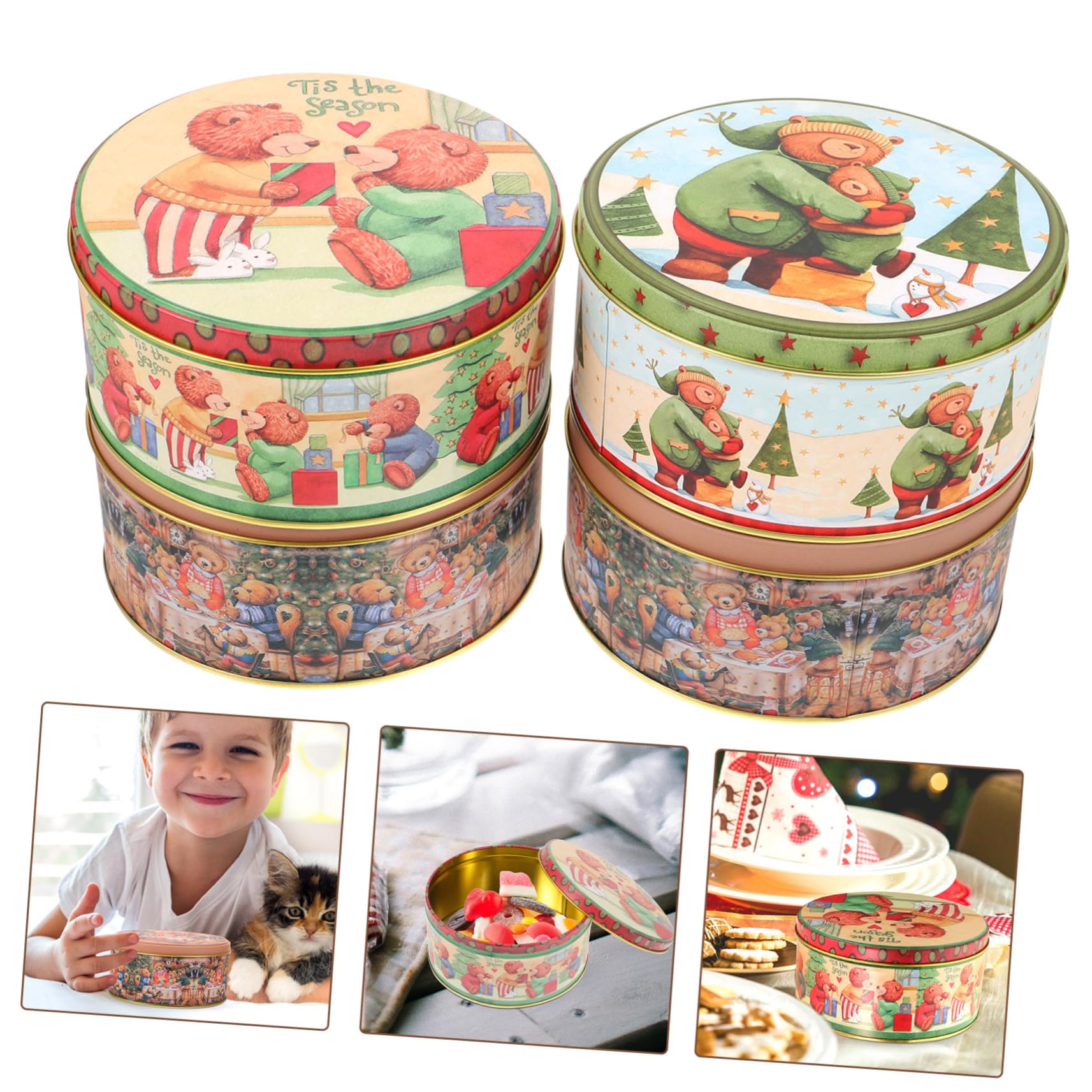 Amosfun 4pezzi Scatole Di Biscotti Natalizie in Lattine Rotonde Coperchio Per Regali Di Natale e Capodanno Design Orsetti Festivi