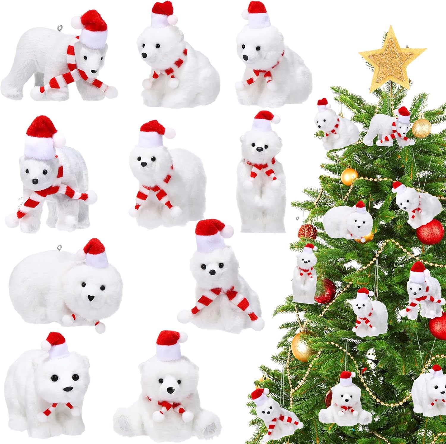 10Pcs Christmas Polar Bear Ornament White Christmas Flocked Polar Bear with Red Scarf&Hat WinterXmas Polar Bear Hanging Decortions Bear Animals Figurines Christmas Tree Ornaments