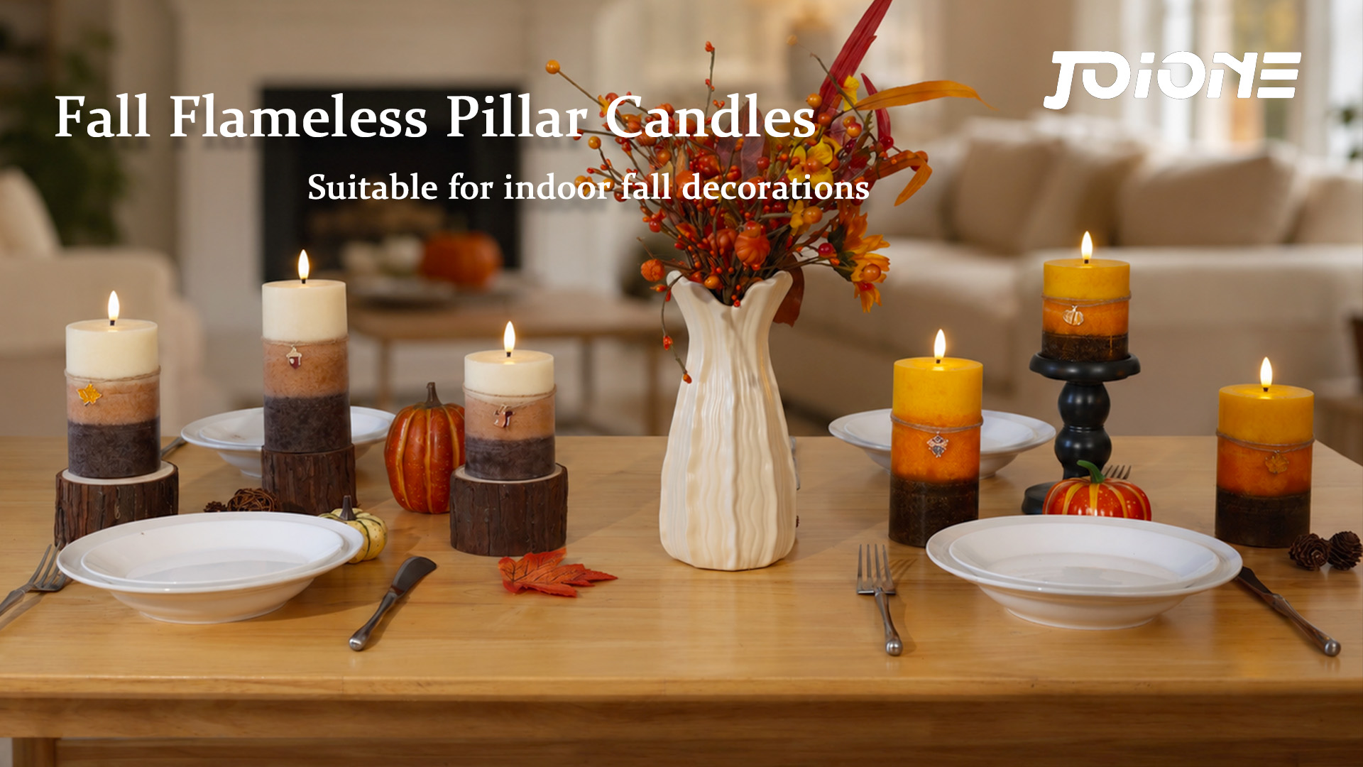 Image of Brown Fall Flameless Pillar Candles with Remote, 3 Pack Thanksgiving Decor