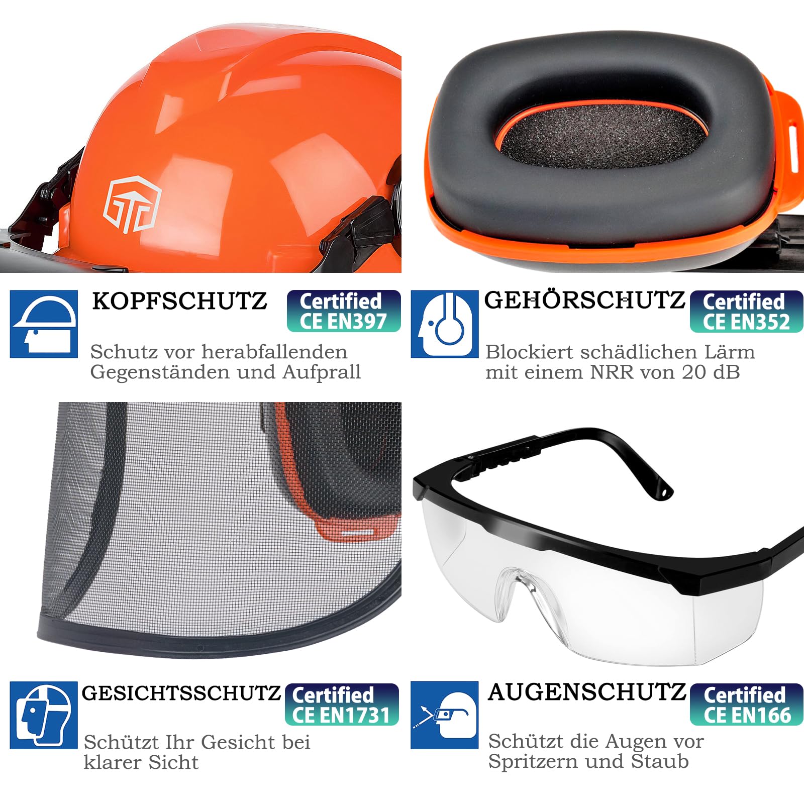 Kettensäge Helm mit Visier und Gehörschutz, Forsthelm für Herren gesichtsschutz, Helm Motorsäge, Sicherheitshelm, Abnehmbare Anti-Beschlag-Brille und Kinnband