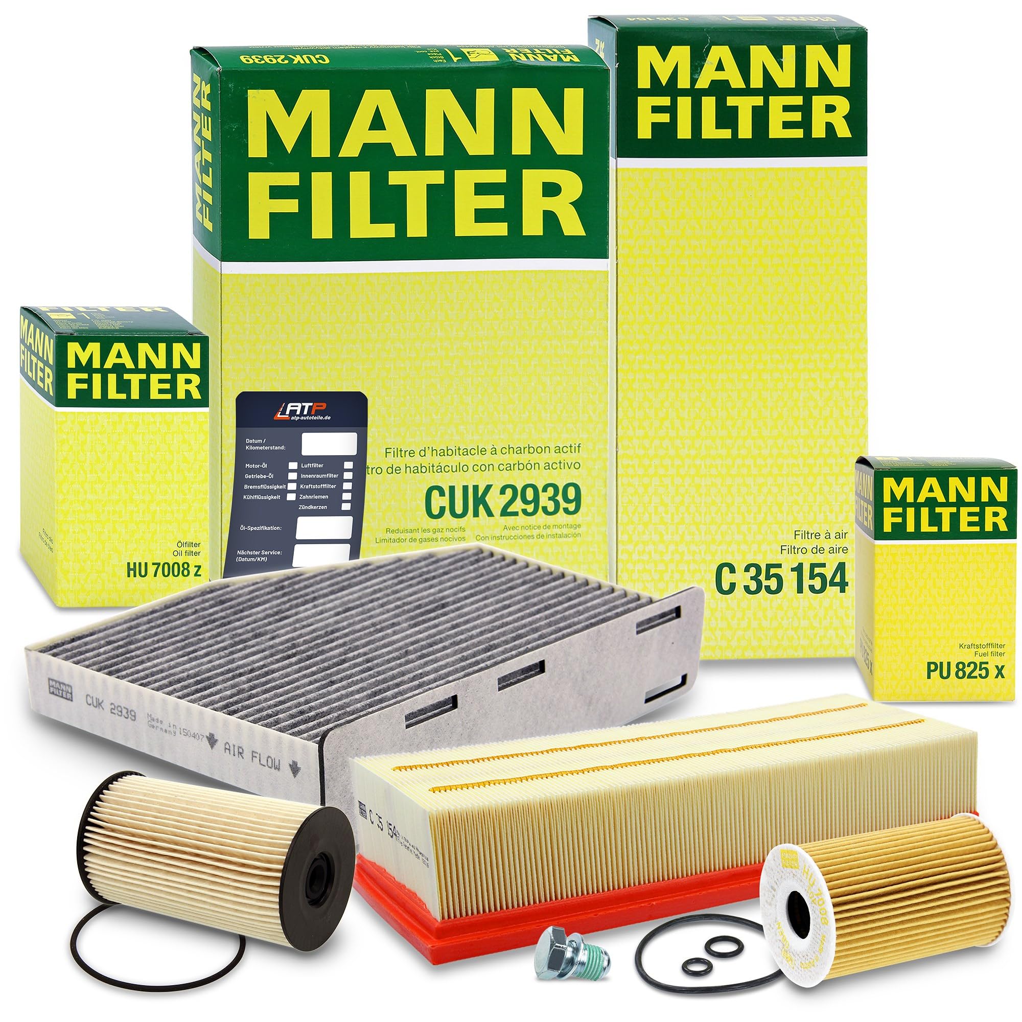 MANN-FILTER Inspektionspaket Filterset 1x Ölfilter, 1x Luftfilter, 1x Innenraumfilter (Aktivkohlefilter), 1x Kraftstofffilter, 1x Ölablassschraube, 1x Ölwechselanhänger,