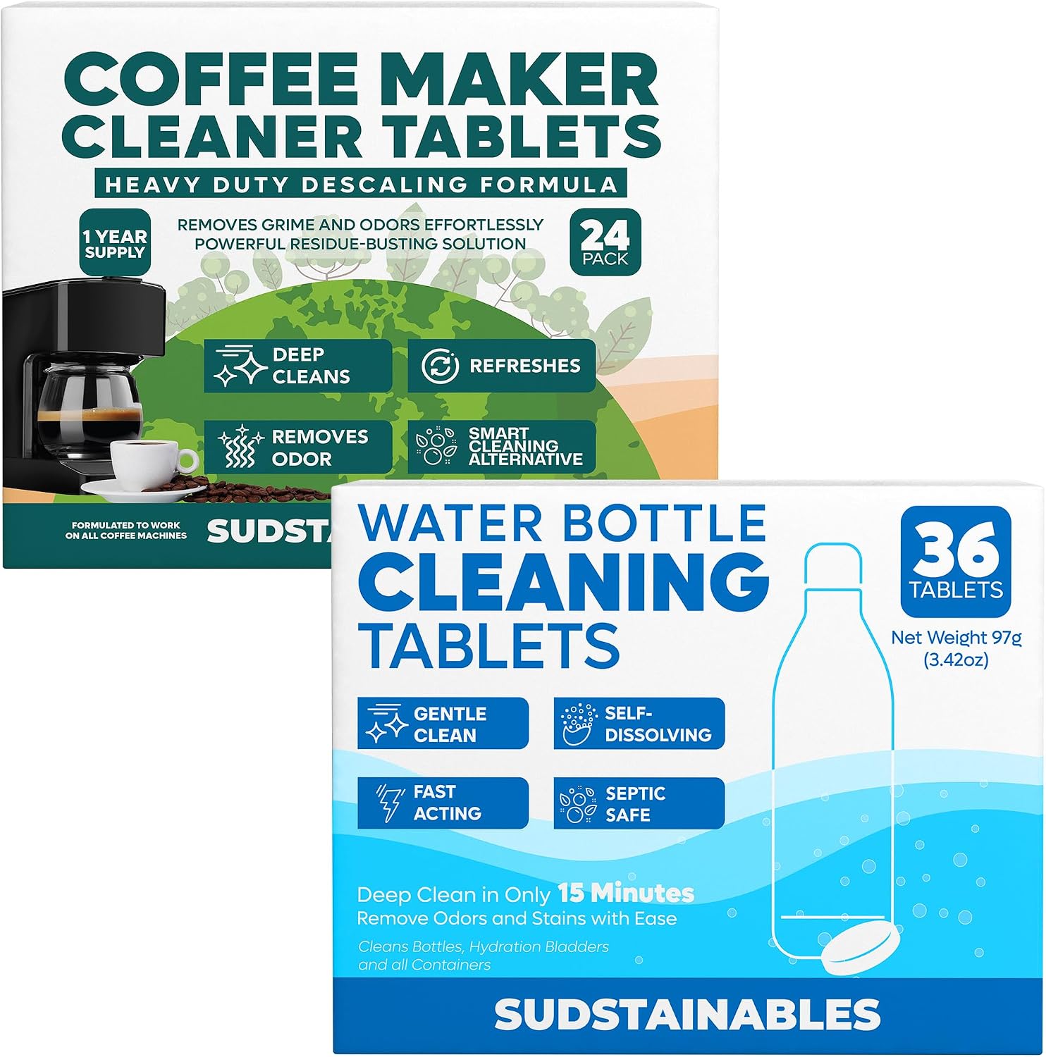 Sudstainables Coffee Maker Cleaner and Water Bottle Cleaner tablets bundles
