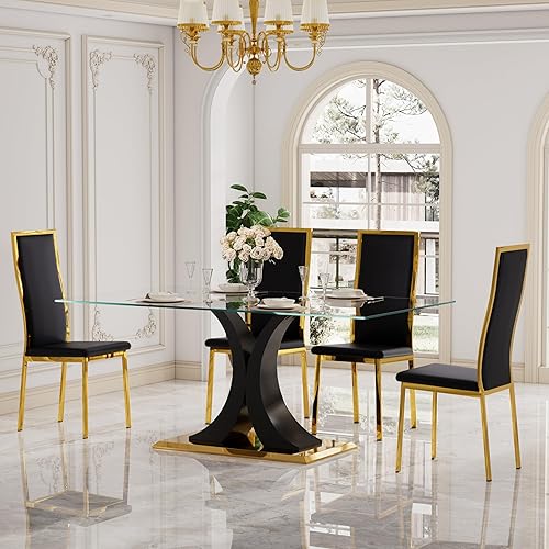 Miniatura 26 de Moderno juego de mesa de comedor rectangular de vidrio para 4, 63 pulgadas, mesa transparente de cocina de lujo con base negra y plateada, 4 sillas