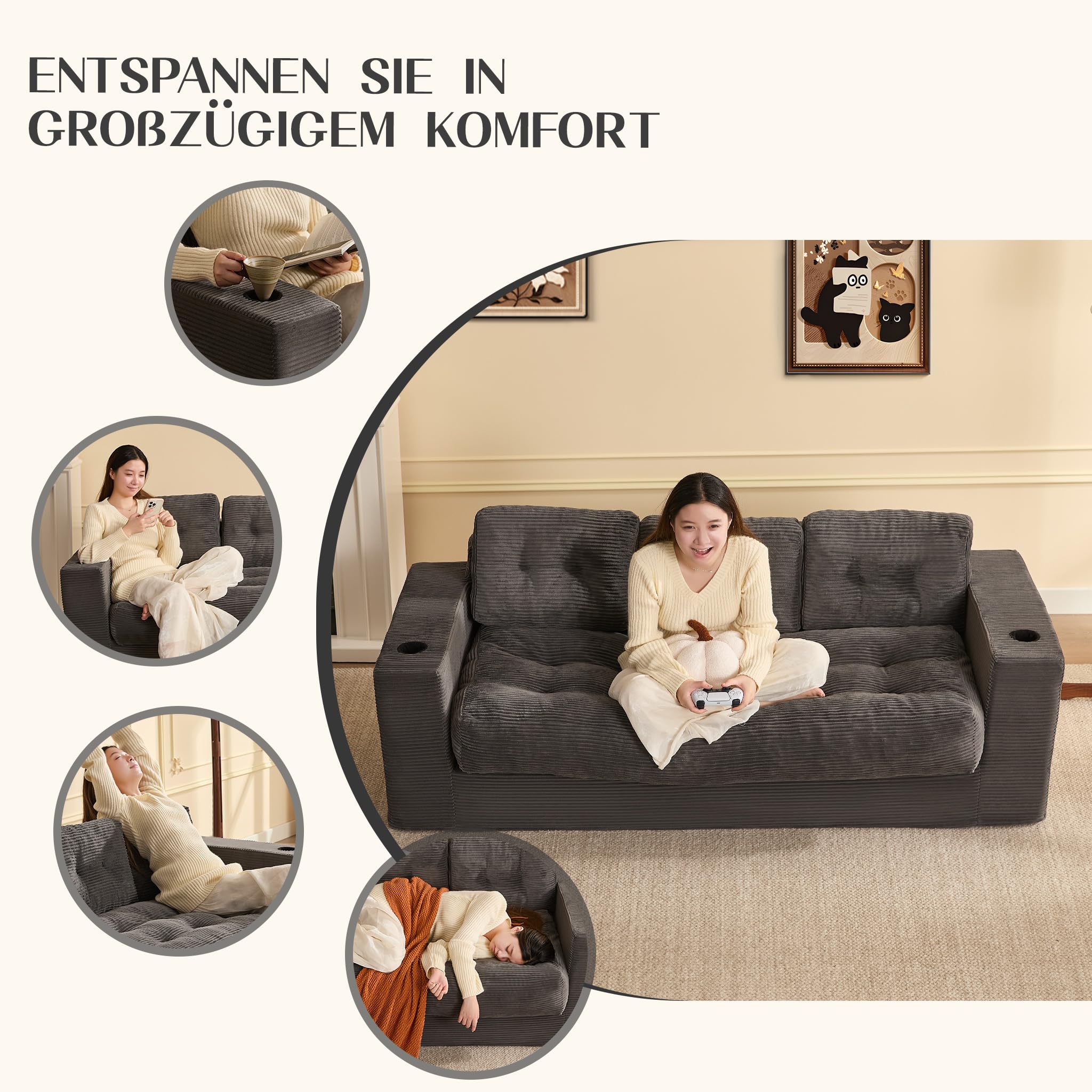 Sofá de 3 plazas de 190 cm para salón, sofá de Suelo de Pana sin Boneless con Cojines, reposabrazos y Soporte Doble para Bebidas, con Respaldo, no Requiere Montaje (Gris)
