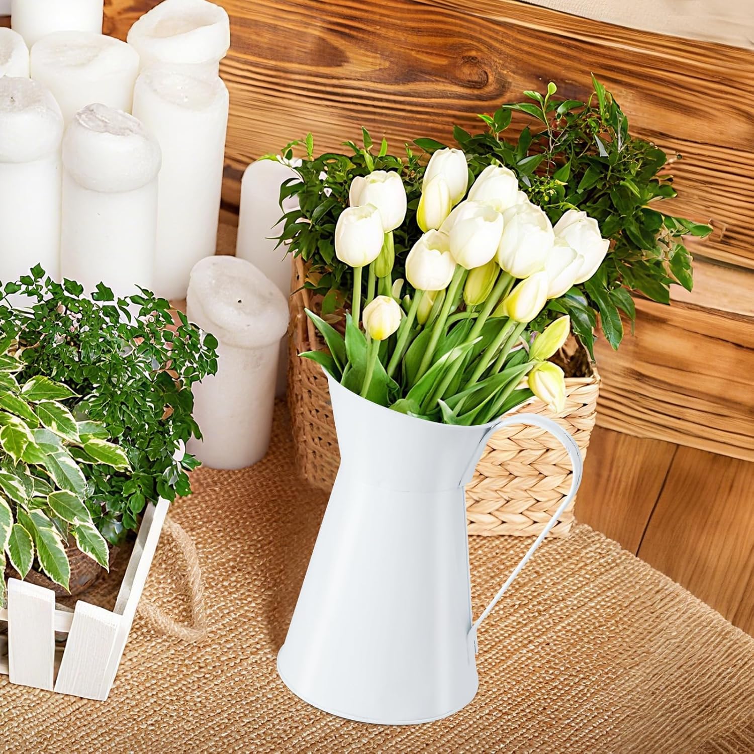 Metal Watering Pitcher, Cream Farmhouse Style Flower Vase, Decorative Milk Jug for Home Decor, 7.87 inch Height (White) - Image 4