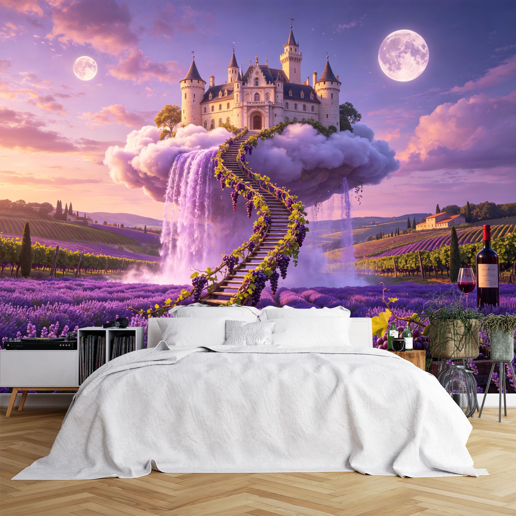 Custom Size Wall Murals Enchanted Castle on Cloud with Waterfall and Lavender Fields, HD Self-Adhesive Wall Fabric (NO PVC) Removable Wallpaper for Living Room, Bedroom