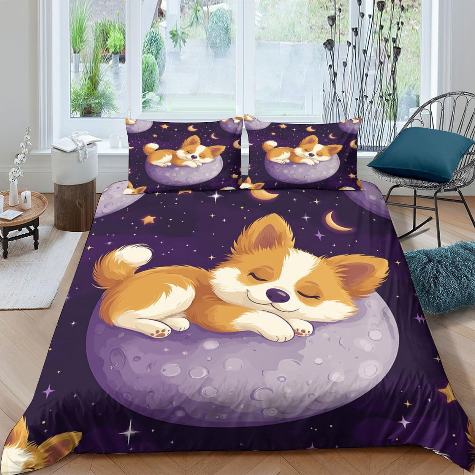 Ctjqhvkz Style-7 3D Printed Cute Sleeping Corgi Fitted Sheet Microfiber Purple Cartoon Bed Cover For Bedroom Guest Room Decor Single（135X200cm）