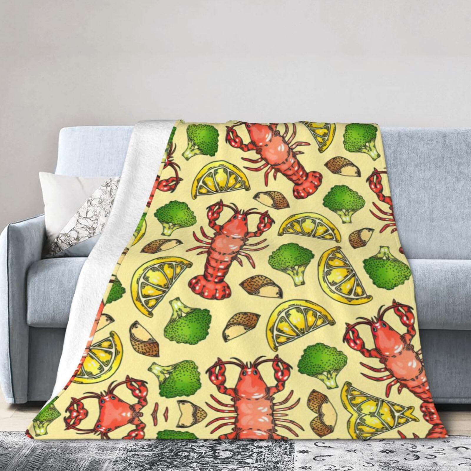 Uusnwaa Soft Cosy Fleece Warm Throw Lobster And Lemon Print Blanket
